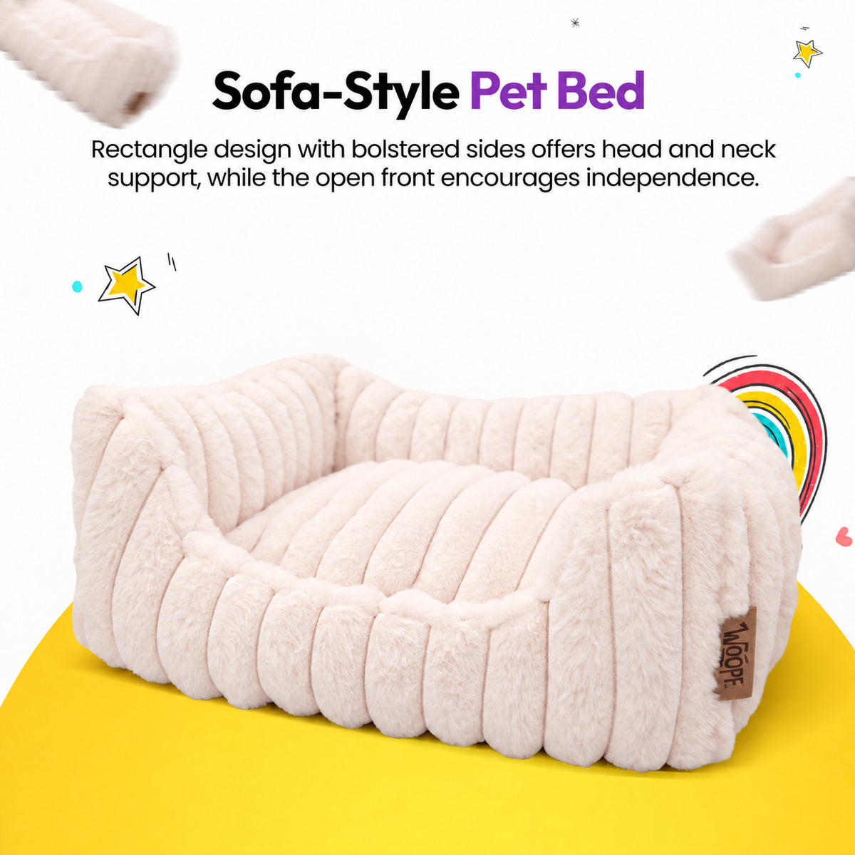 Pale pink | Furry Corduroy Open Front Rectangle Bed: The Pale pink bed on its own, headed Sofa-Style Pet Bed