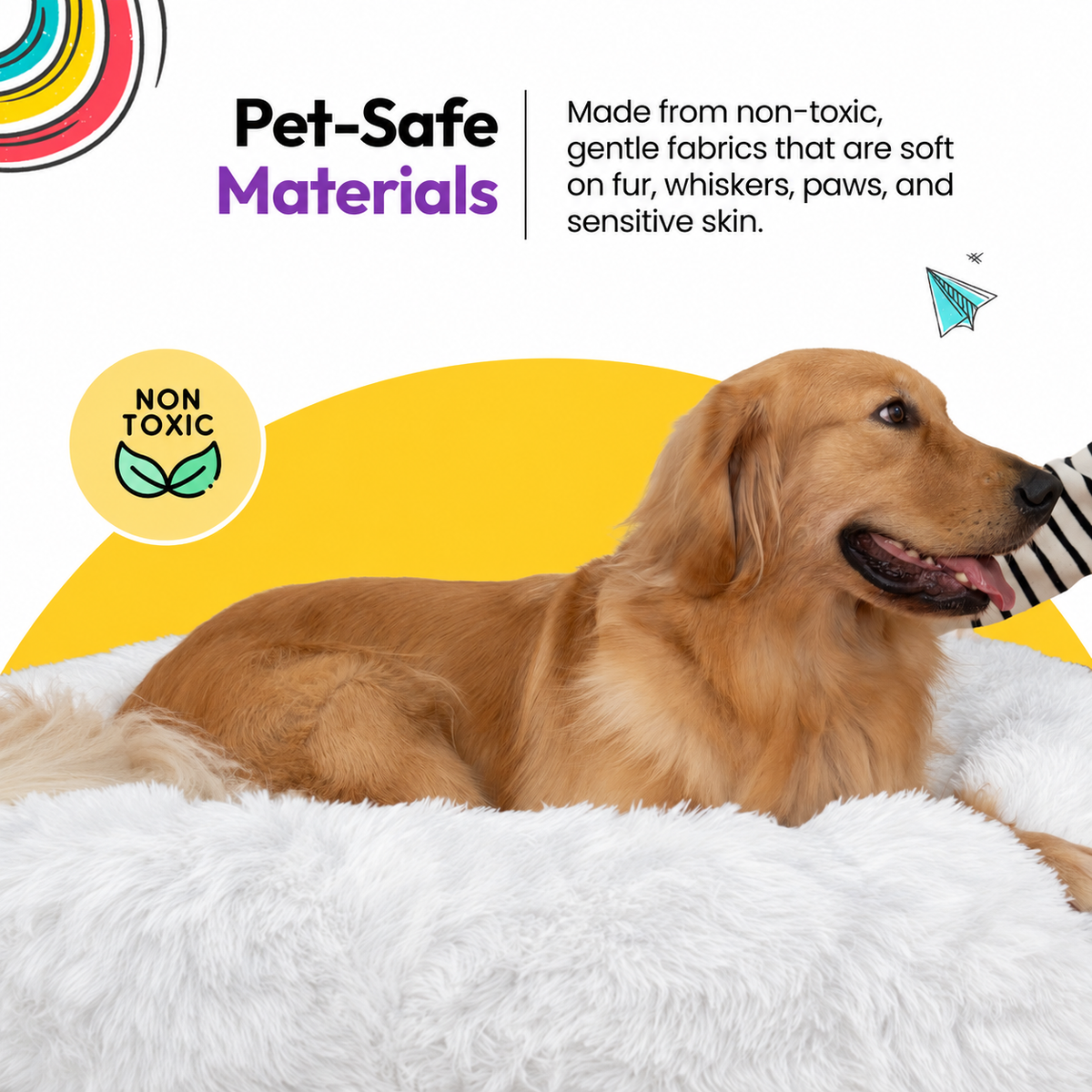 White | Fluffy Shag Calming Round Bed: Golden retriever lying in the White bed beside a woman's hand, on a yellow graphic card