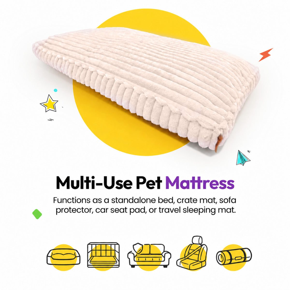 Pale pink | Furry Corduroy Sleeping Mat: The Pale pink mat on a card headed Multi-Use Pet Mattress, with icons for a bed, crate, sofa, car seat and travel mat