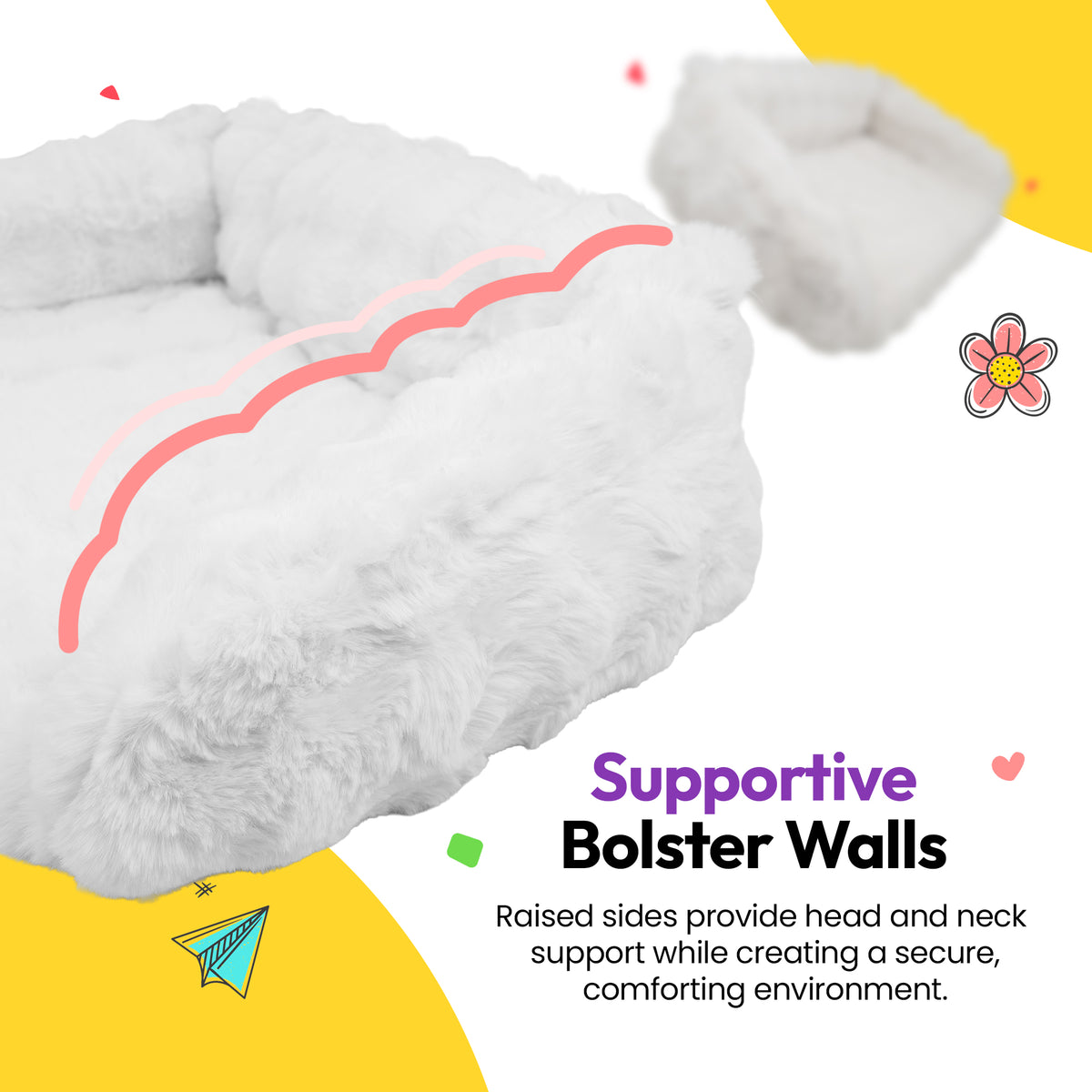 White | Furry Curves Open Front Rectangle Bed: Supportive bolster walls on the White bed