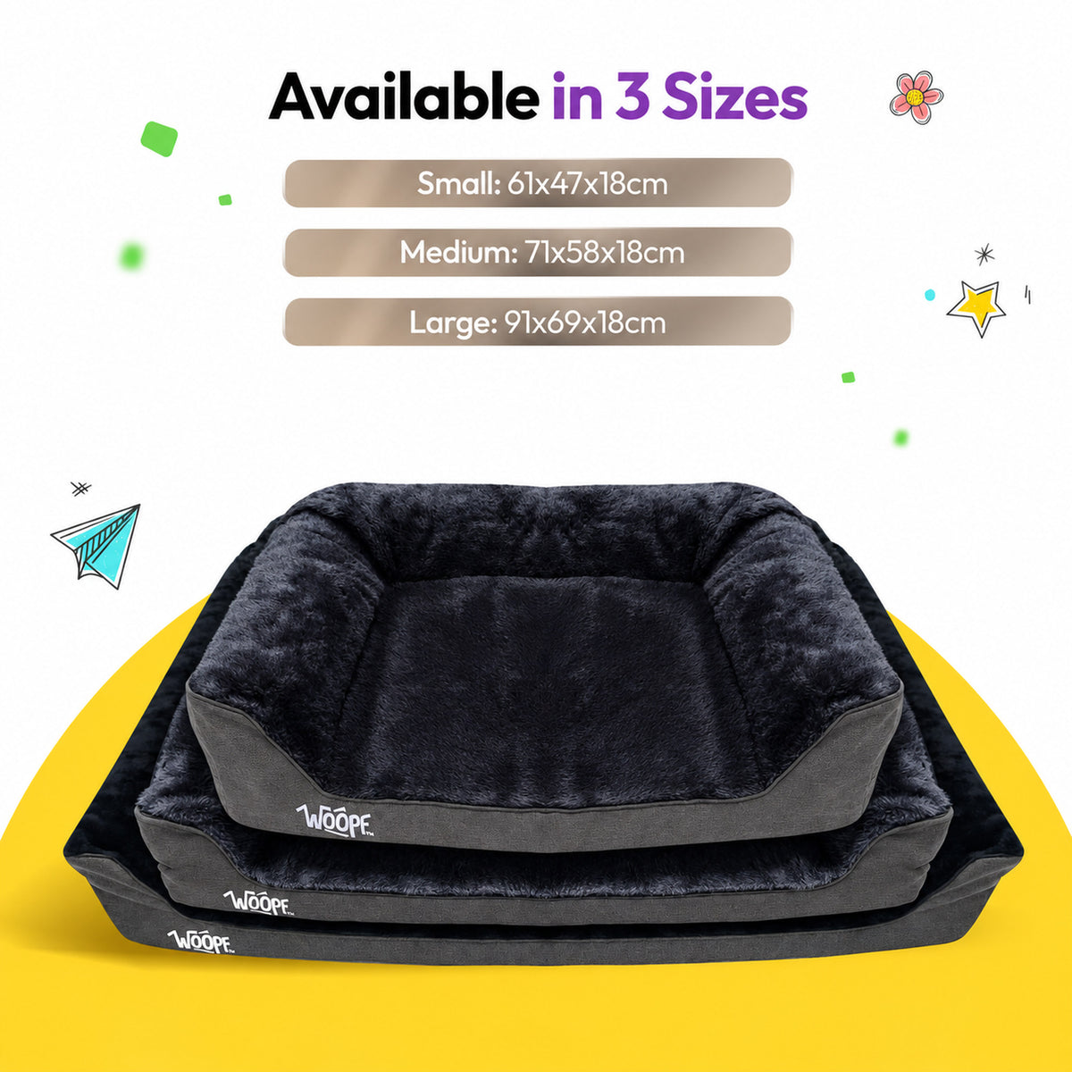 Black | SNÖR Orthopedic Bed: The Black bed in Small, Medium and Large stacked, headed Available in 3 Sizes
