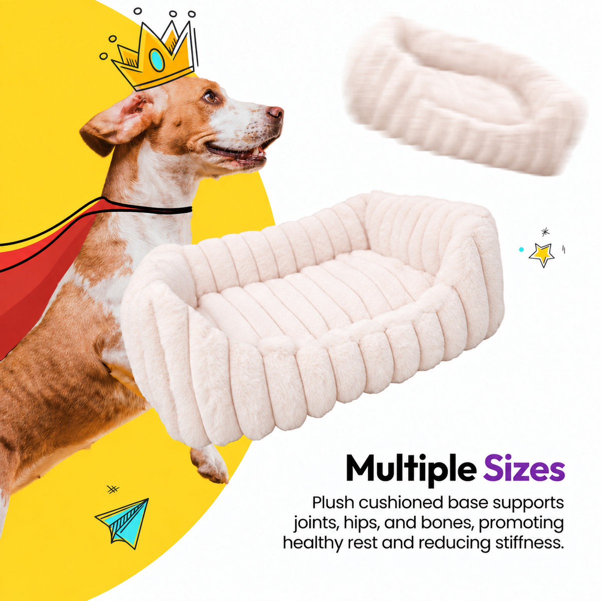 Pale pink | Furry Corduroy Open Front Rectangle Bed: Dog in a paper crown and cape beside the Pale pink bed, on a yellow graphic card