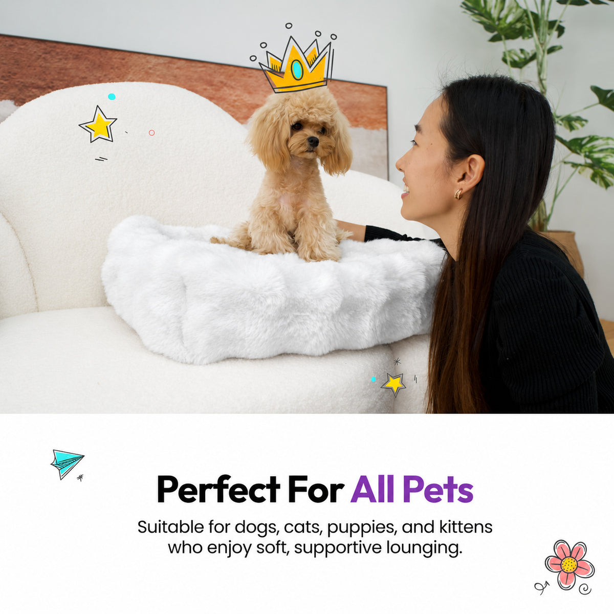 White | Furry Curves Rectangle Bed: Woman with a toy poodle in the White bed, headed Perfect For All Pets