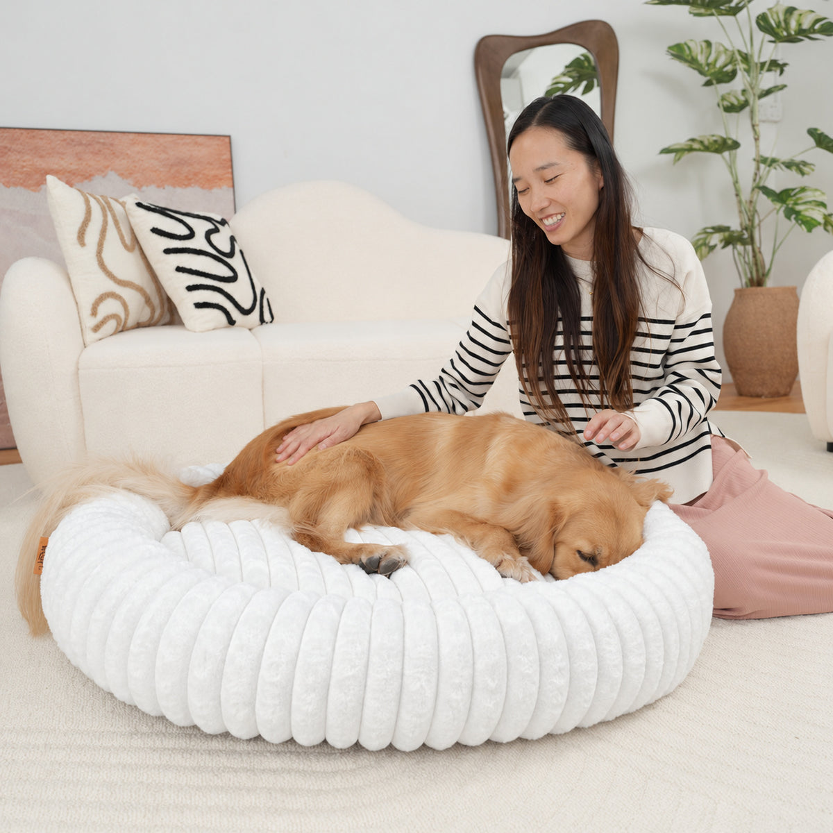 White | Furry Corduroy Round Bed: Woman stroking a golden retriever lying in the White bed