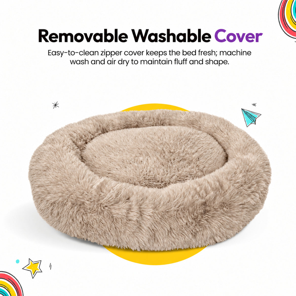 Brown | Fluffy Shag Calming Round Bed: The Brown bed on its own, headed Removable Washable Cover