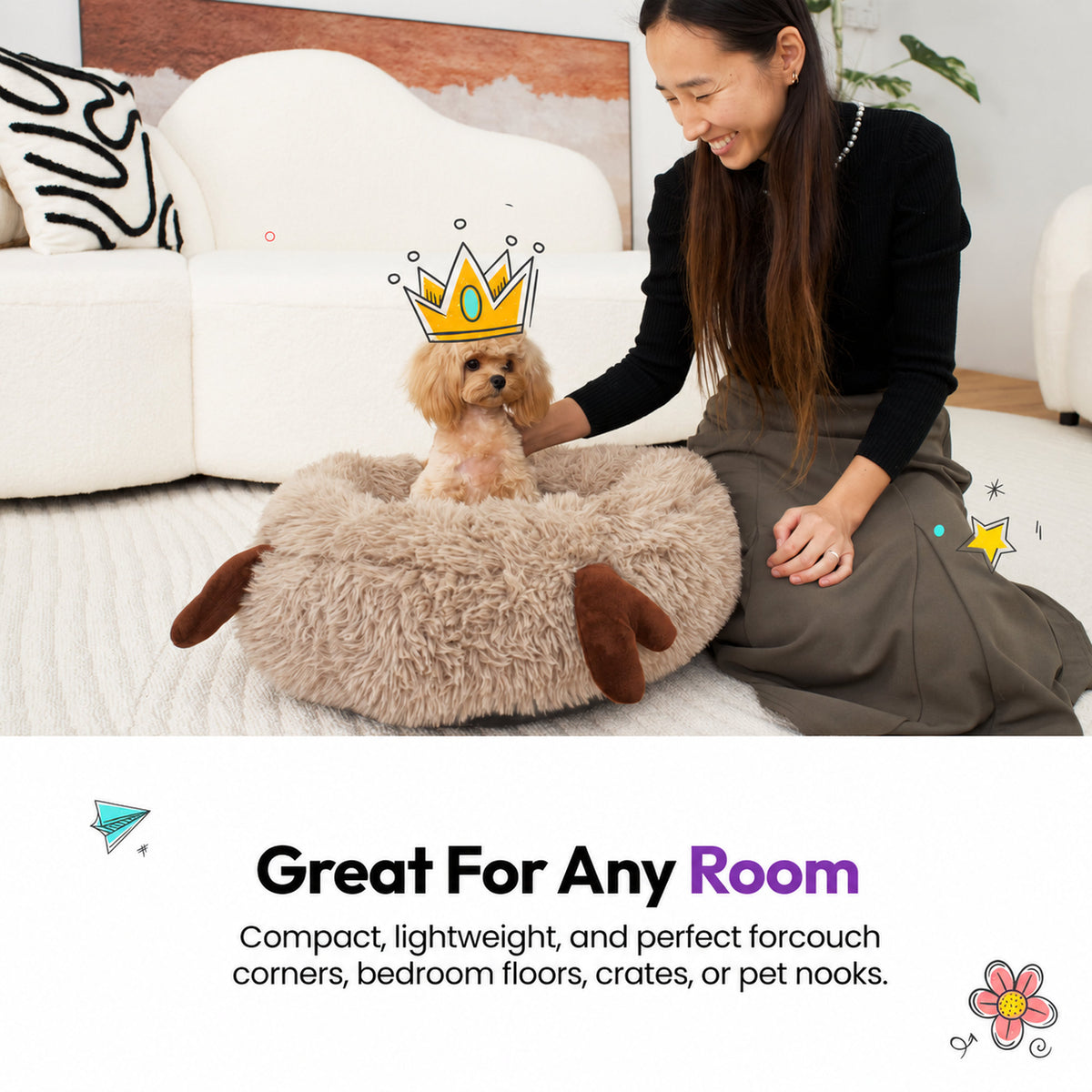 Cream | Fluffy Shag Calming Round Bed with Antlers: Woman kneeling beside a toy poodle in a paper crown sitting in the bed, captioned Great For Any Room