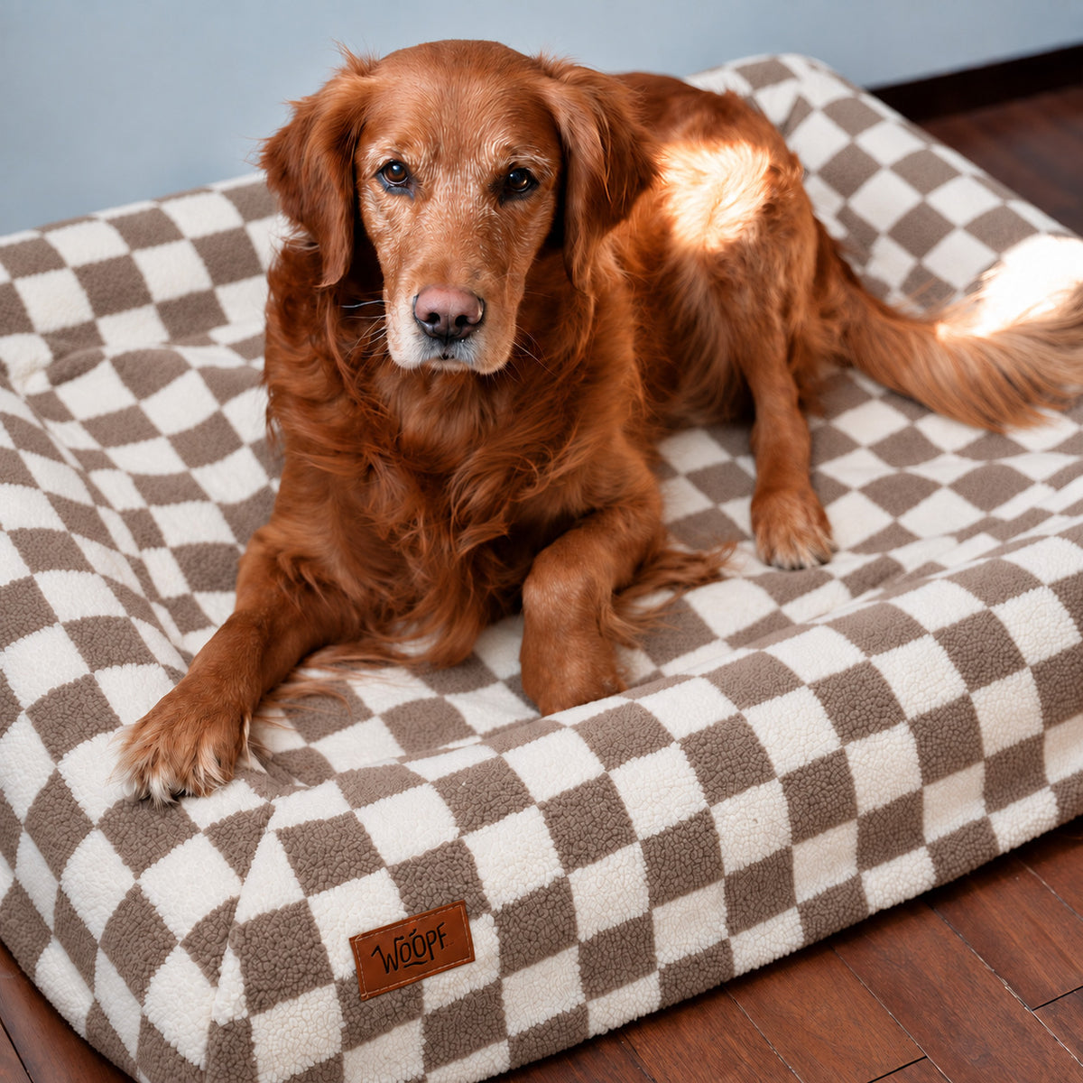 Brown | SNÜZ Bed Slip-On Cover Fleece: Golden retriever on the Brown cover, headed Perfect Fit For Woopf Orthopedic Range