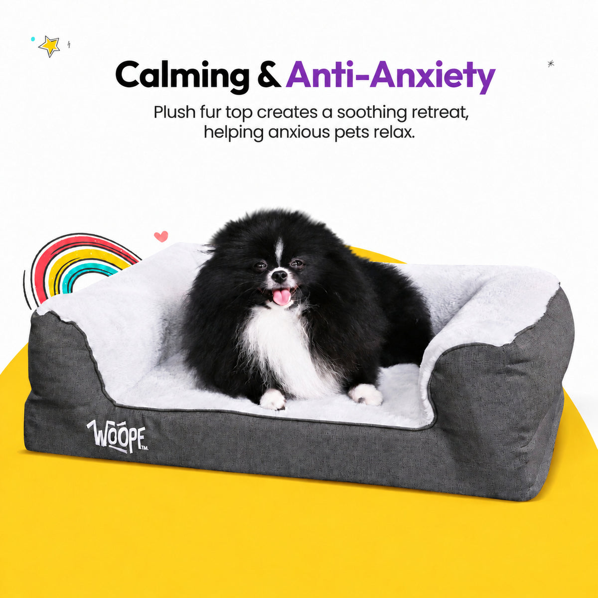 Grey | SNÖR Orthopedic Bed: Pomeranian on the Grey bed, headed Calming & Anti-Anxiety