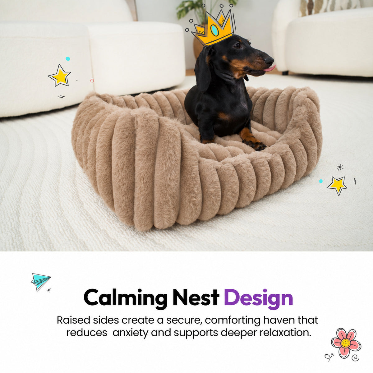Brown | Furry Corduroy Open Front Rectangle Bed: Dachshund in a paper crown sitting in the Brown bed in a living room