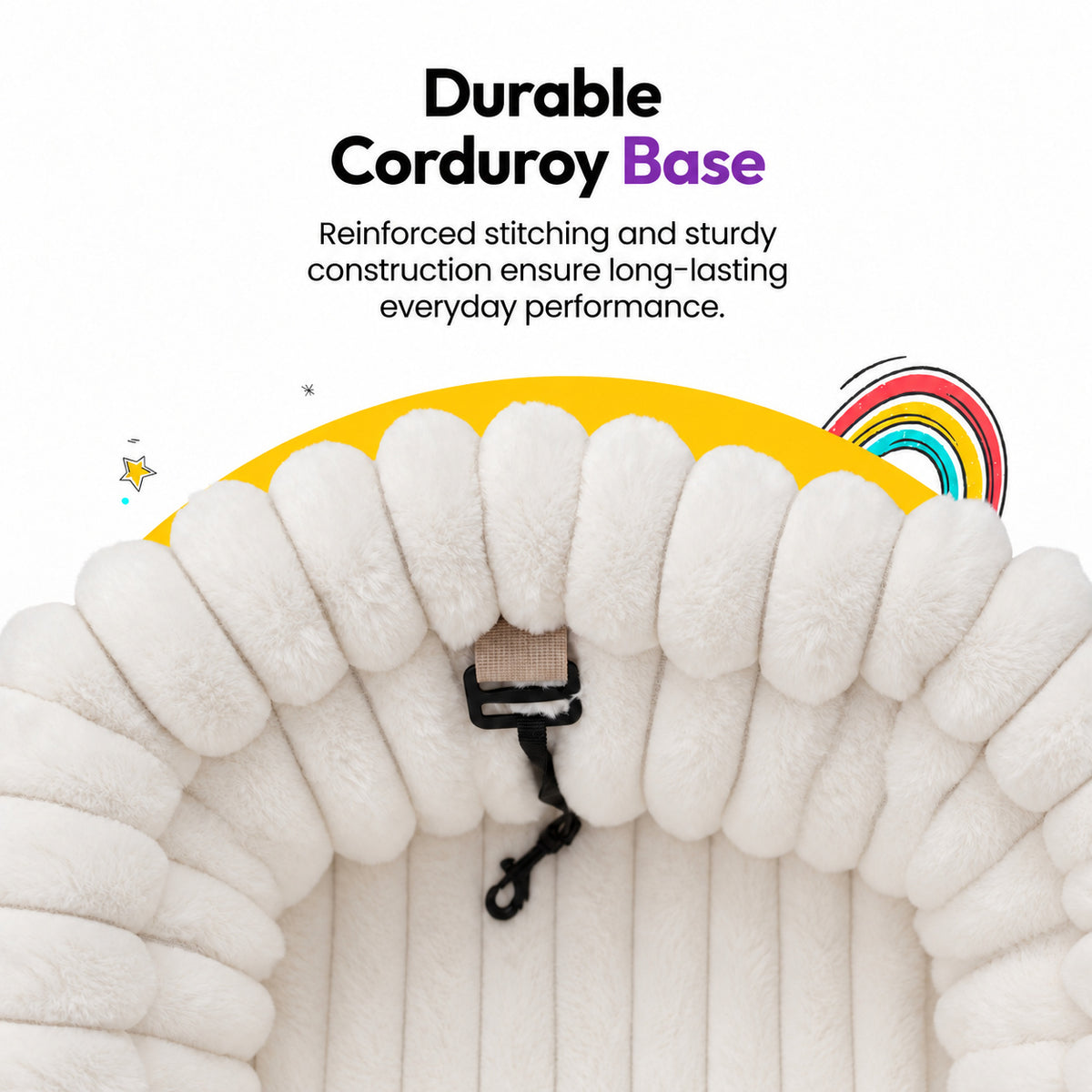 White | Corduroy Calming Dog Carrier: Inside of the White carrier with its harness clip, headed Durable Corduroy Base