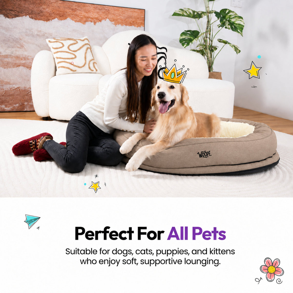 Cream | NÄP Orthopedic Bed: Woman with a golden retriever in the Cream bed, headed Perfect For All Pets