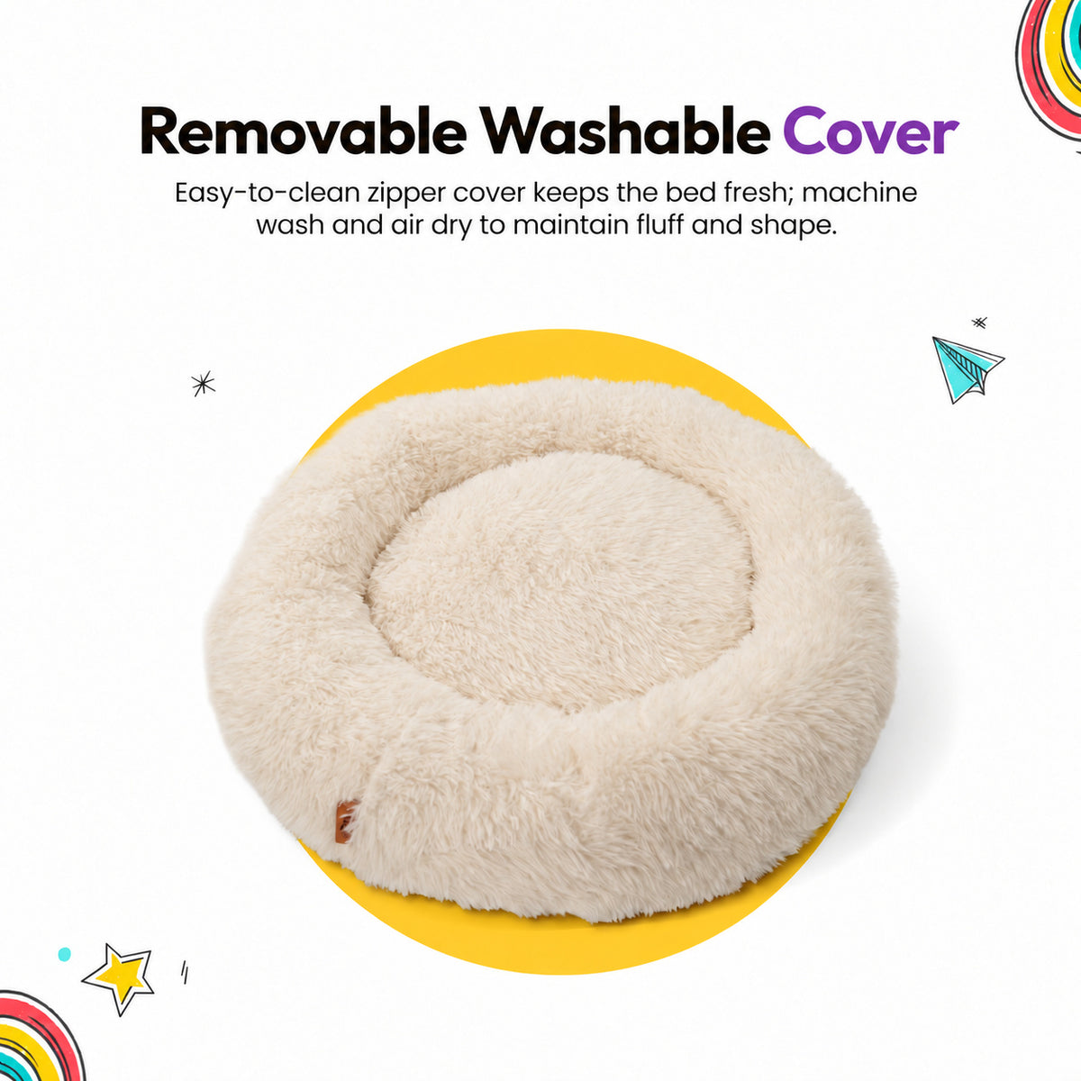 Cream | Fluffy Shag Calming Round Bed: The Cream bed on its own, headed Removable Washable Cover