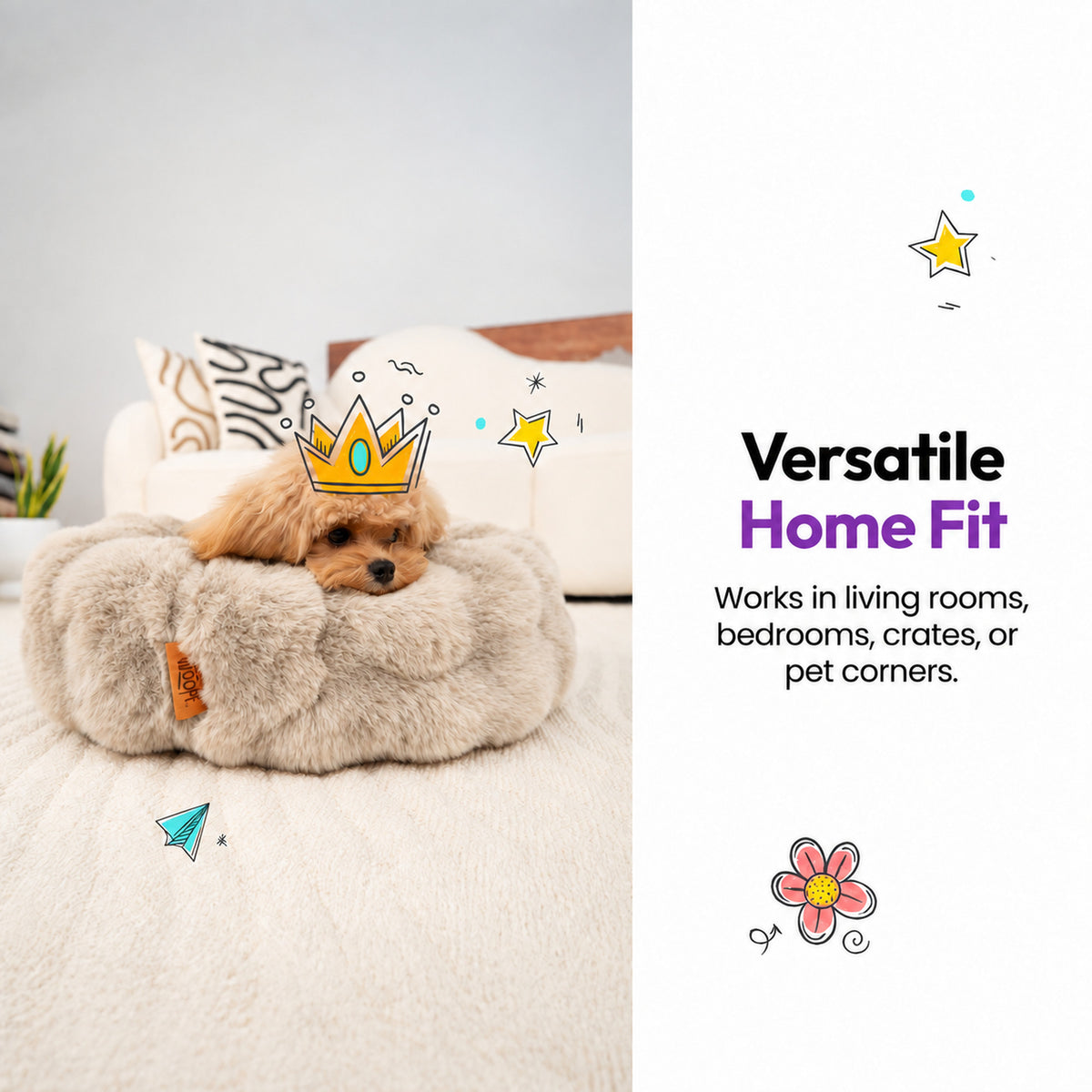 Cream | Furry Curves Round Bed: Versatile home fit: a small dog in the Cream round bed in a living room