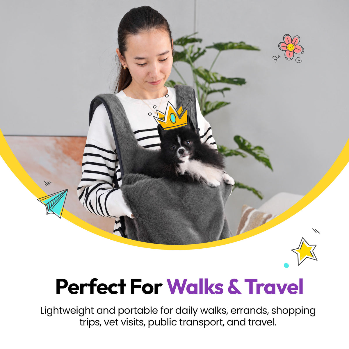 Grey | Furry Range Puppy Pouch: Perfect for walks and travel: a woman wearing the Grey Puppy Pouch with a small dog
