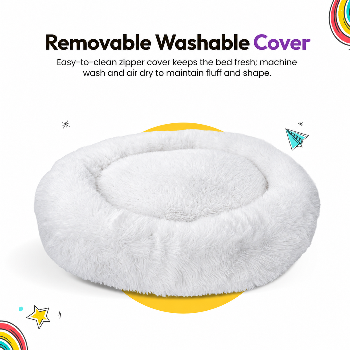 White | Fluffy Shag Calming Round Bed: The White bed on its own, headed Removable Washable Cover