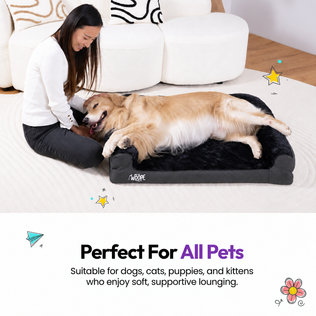 Black | SNÖR Orthopedic Bed: Woman with a golden retriever on the Black bed, headed Perfect For All Pets