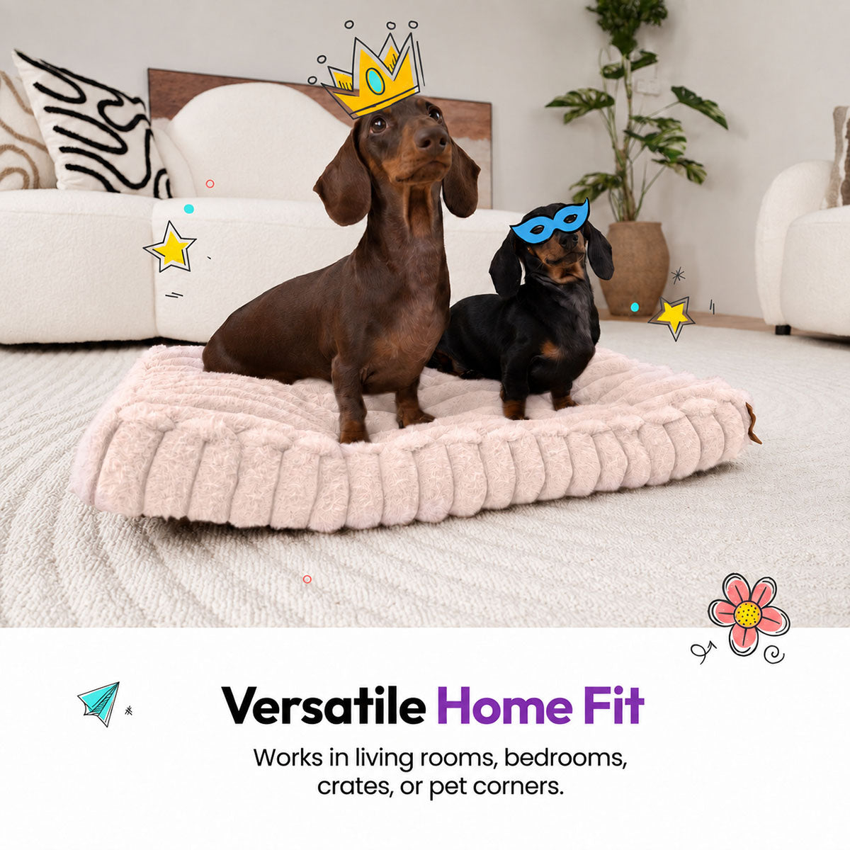 Pale pink | Furry Corduroy Sleeping Mat: Two dachshunds in a paper crown and a mask on the Pale pink mat, captioned Versatile Home Fit