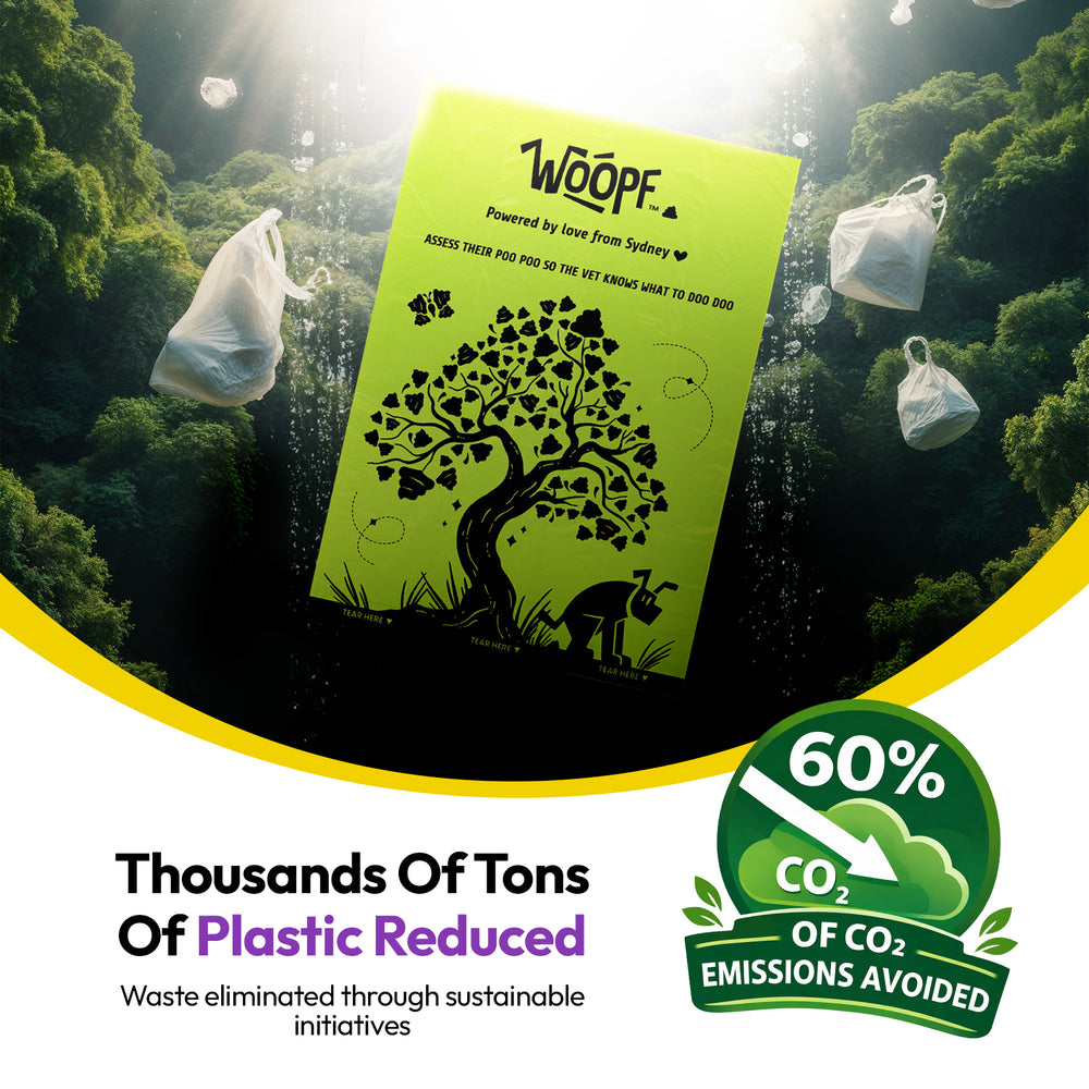 Poop & Go 100% Compostable Bags: A bag in a forest with a 60% CO2 badge, headed Thousands Of Tons Of Plastic Reduced