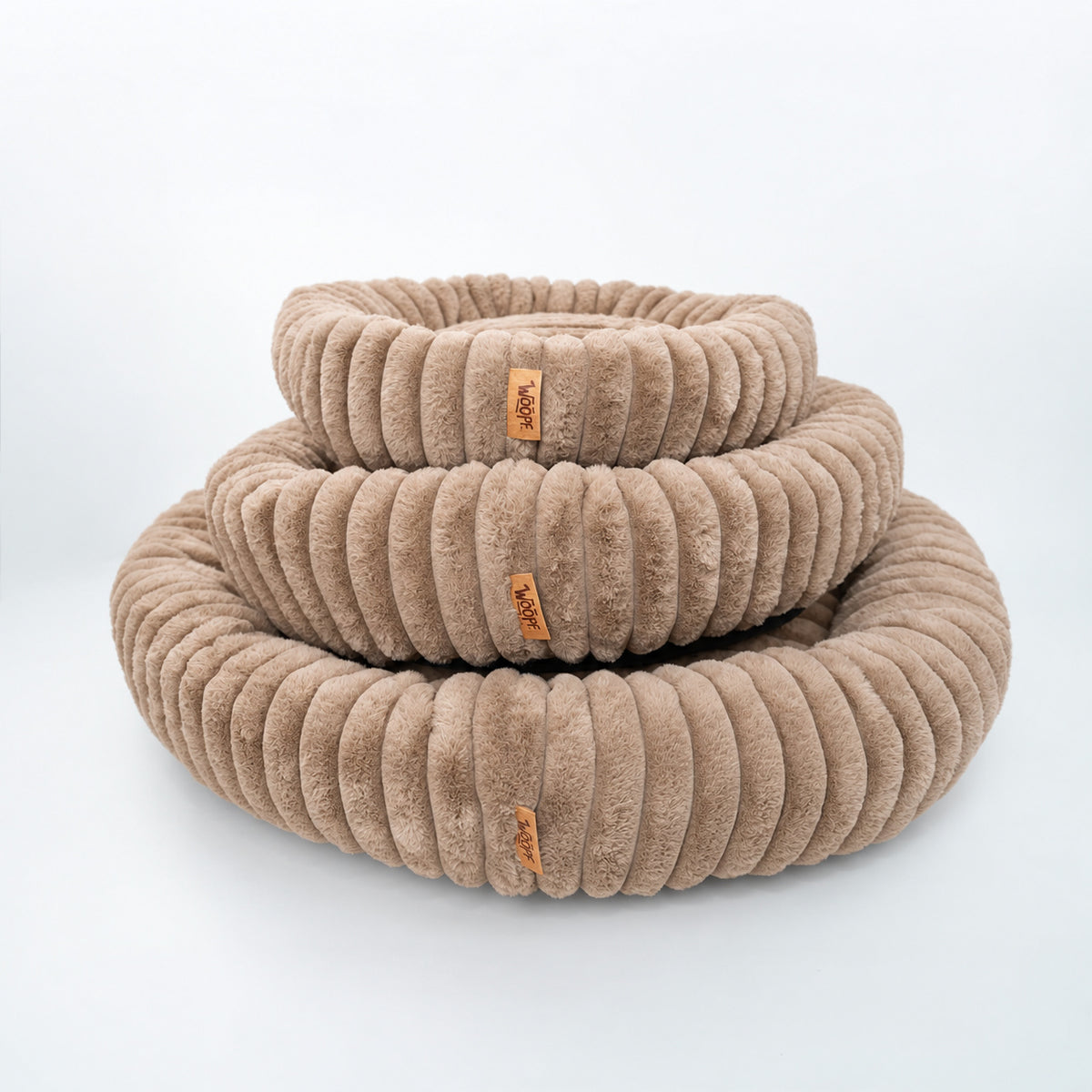 Brown | Furry Corduroy Round Bed: Three Brown beds stacked from Large to Small