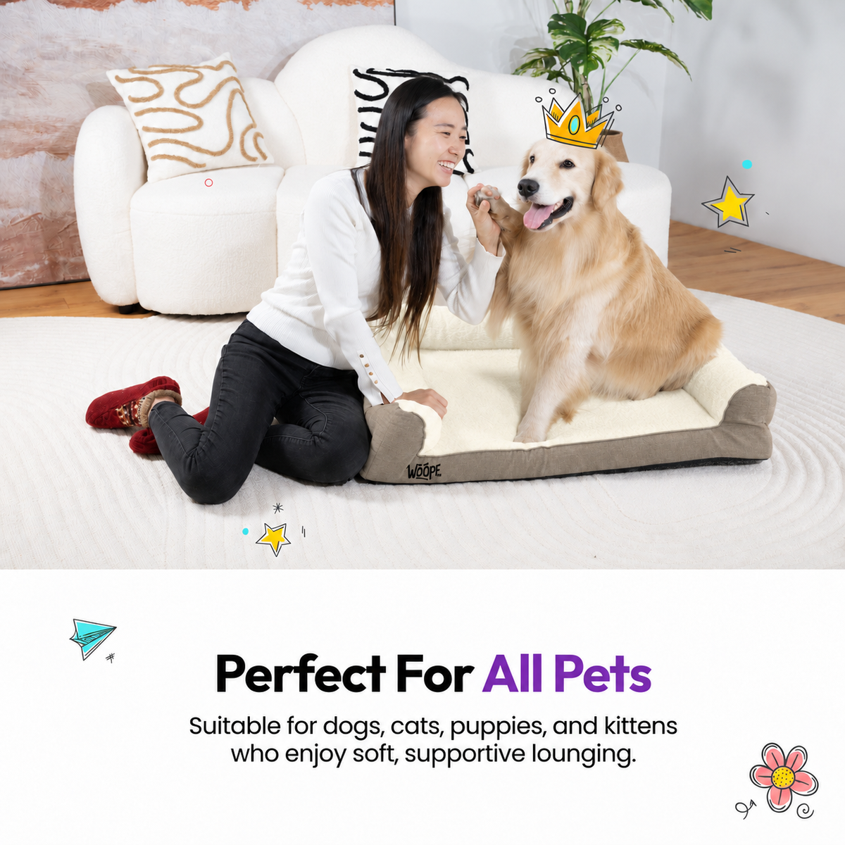 Cream | SNÖR Orthopedic Bed: Woman with a golden retriever on the Cream bed, headed Perfect For All Pets