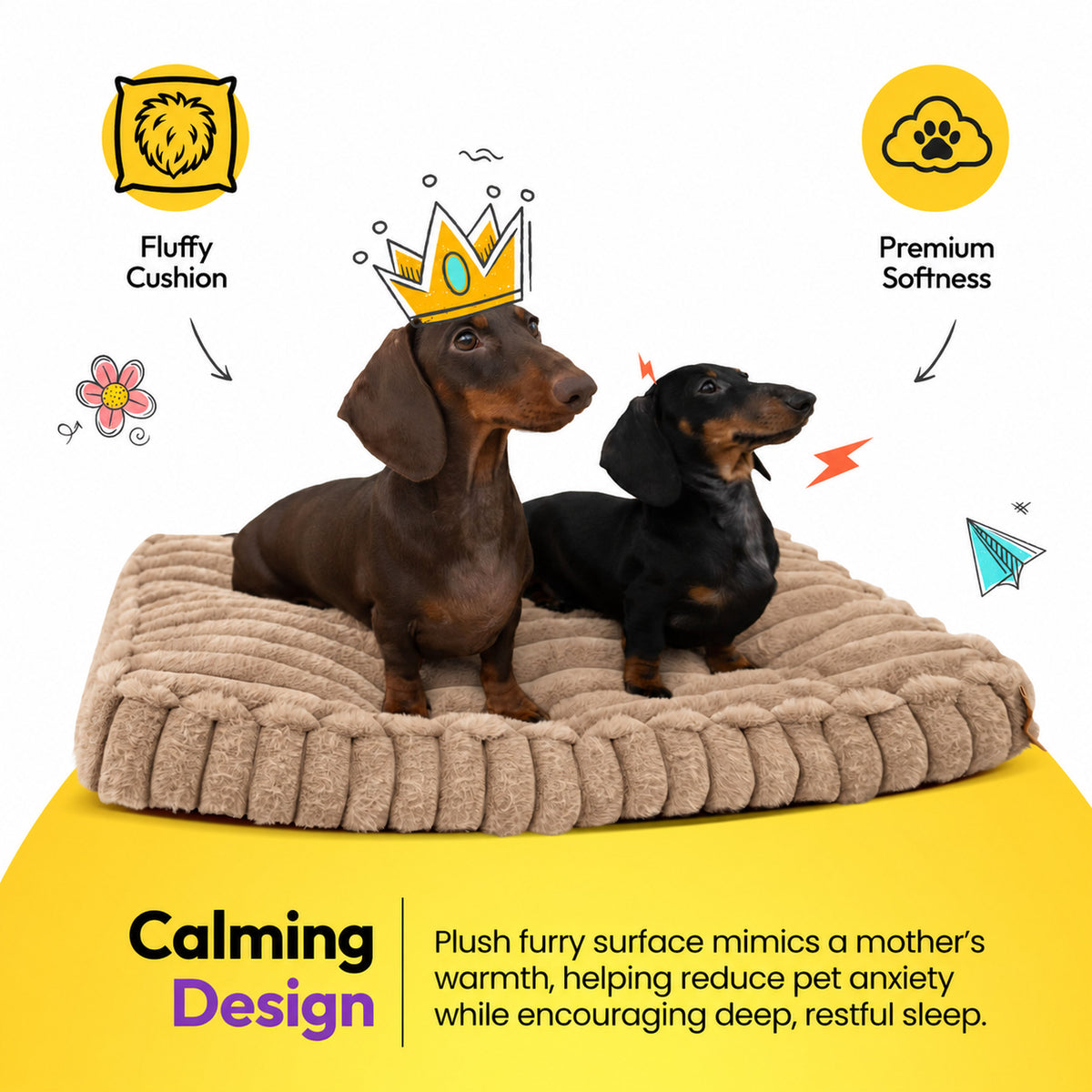 Brown | Furry Corduroy Sleeping Mat: Two dachshunds, one in a paper crown, on the Brown mat on a yellow graphic card