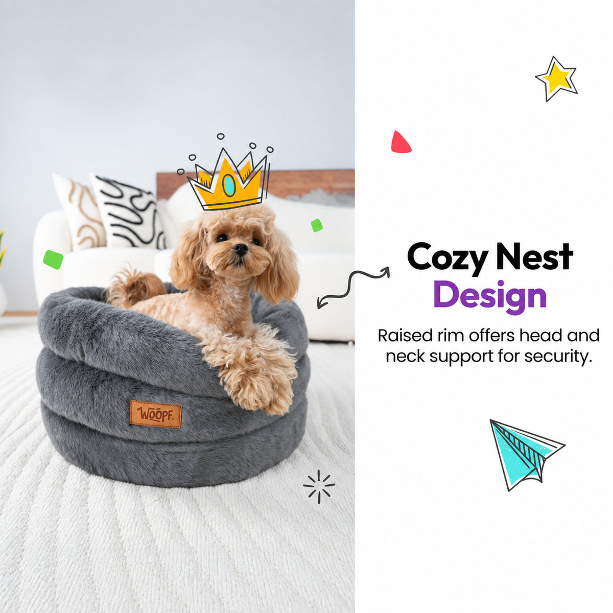 Grey | Furry Range Round Bed: Poodle in a paper crown in the Grey bed, headed Cozy Nest Design