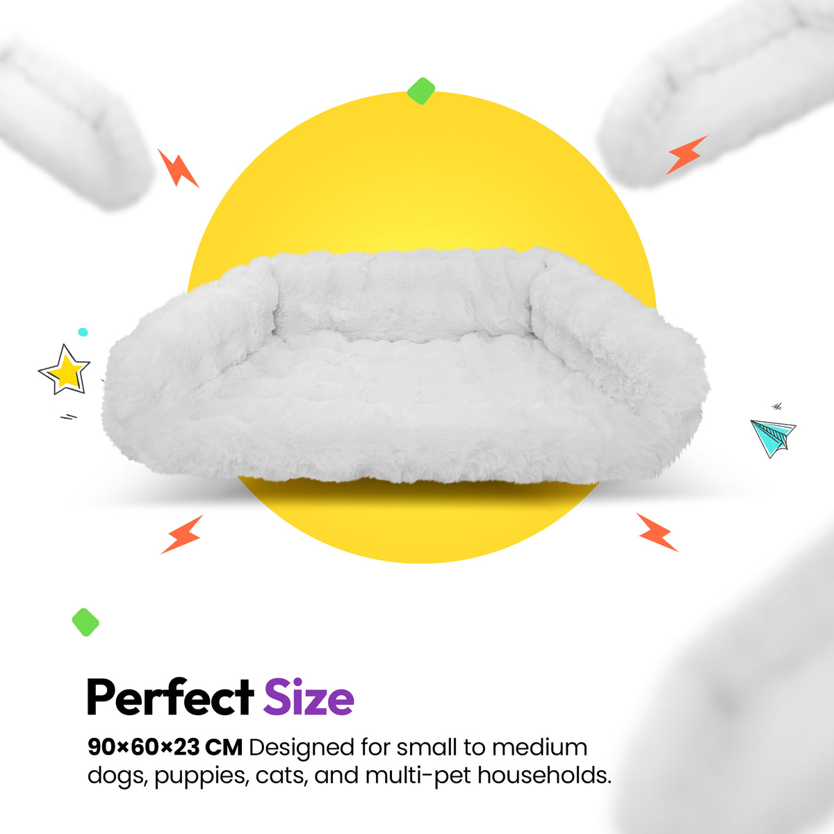 White | Furry Curves Open Front Rectangle Bed: Perfect size: the White bed at 90 x 60 x 23 cm, for small to medium dogs, puppies, cats and multi-pet homes
