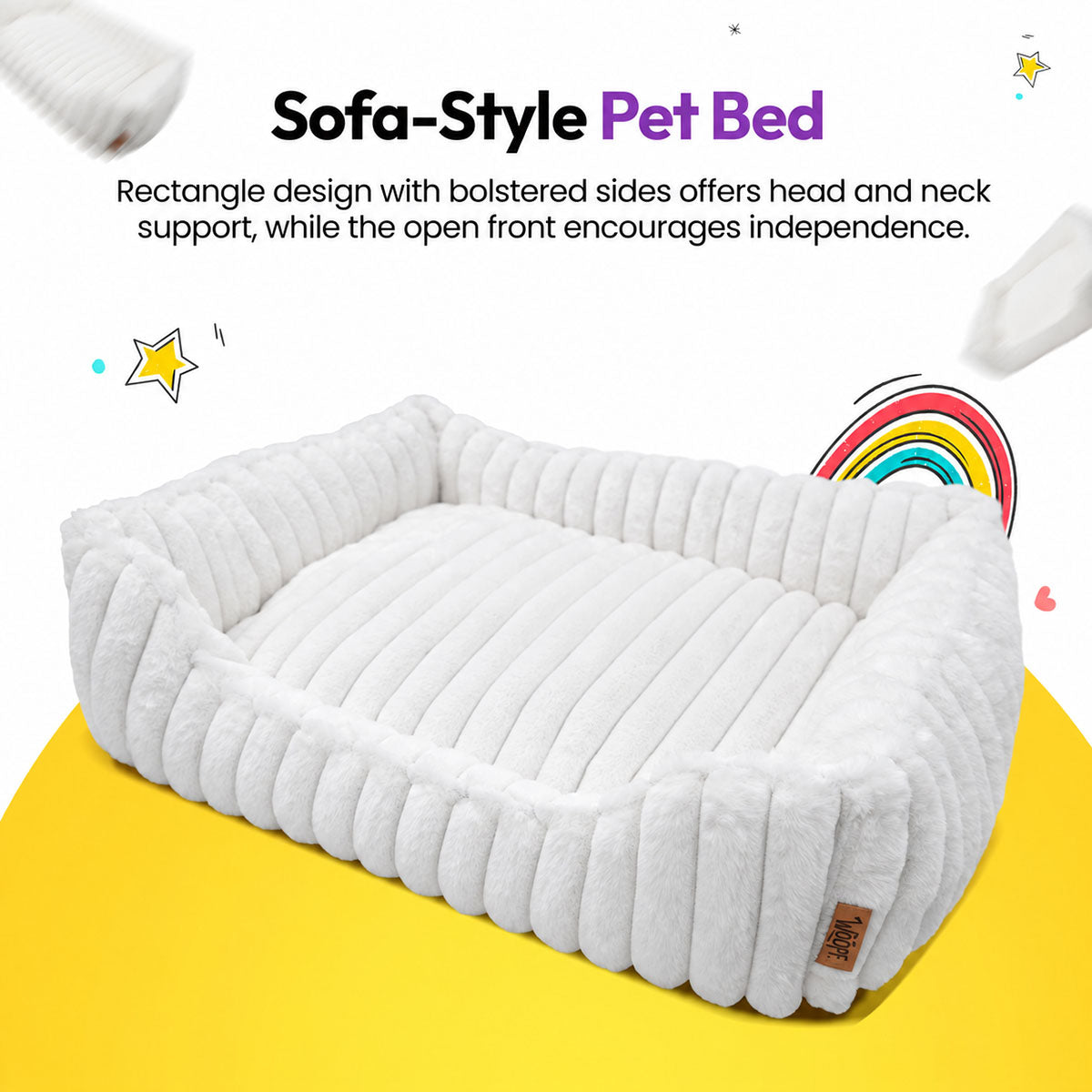 White | Furry Corduroy Open Front Rectangle Bed: The White bed on its own, headed Sofa-Style Pet Bed