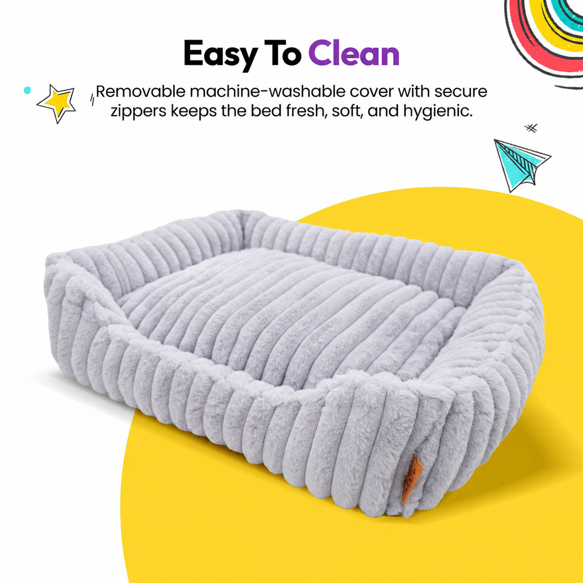Grey | Furry Corduroy Open Front Rectangle Bed: The Grey bed on its own on a yellow graphic card