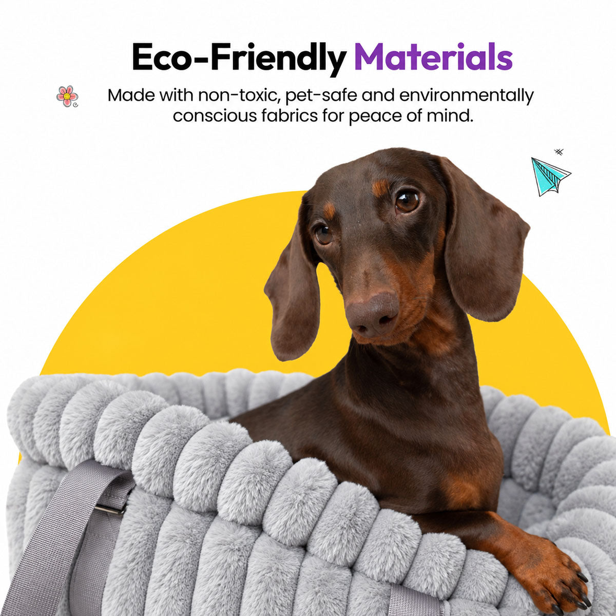 Grey | Corduroy Calming Dog Carrier: Dachshund in the Grey carrier on a yellow graphic card