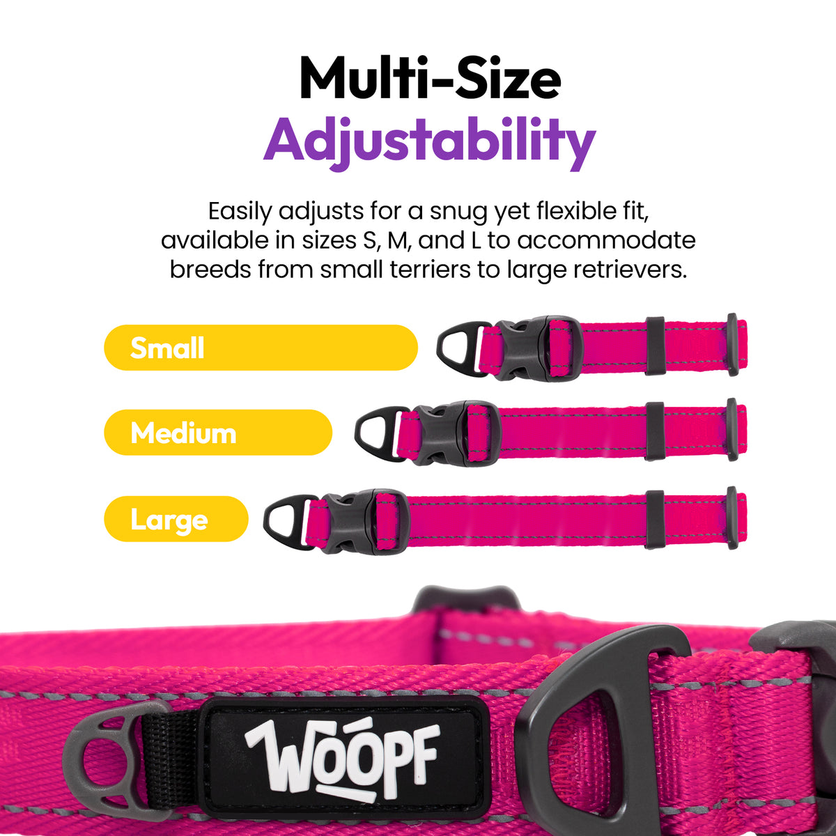 Pink | Explorer Collar: The Pink collar in Small, Medium and Large, on a card headed Multi-Size Adjustability
