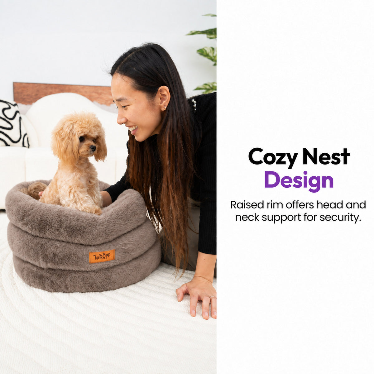 Brown | Furry Range Round Bed: Woman beside a poodle sitting in the Brown bed, headed Cozy Nest Design
