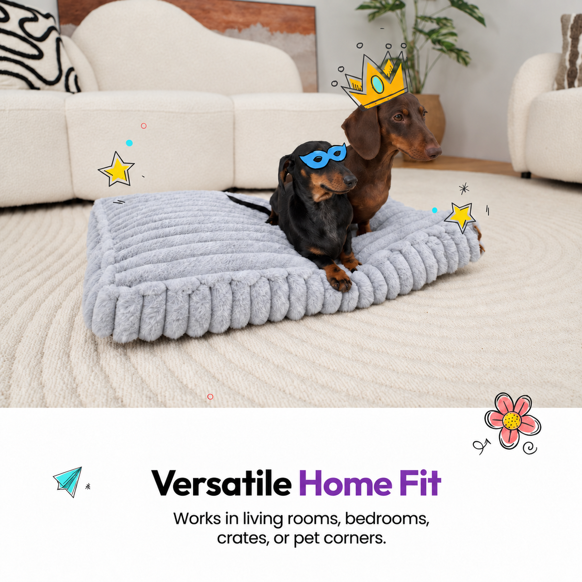 Grey | Furry Corduroy Sleeping Mat: Two dachshunds in a paper crown and a mask on the Grey mat, captioned Versatile Home Fit