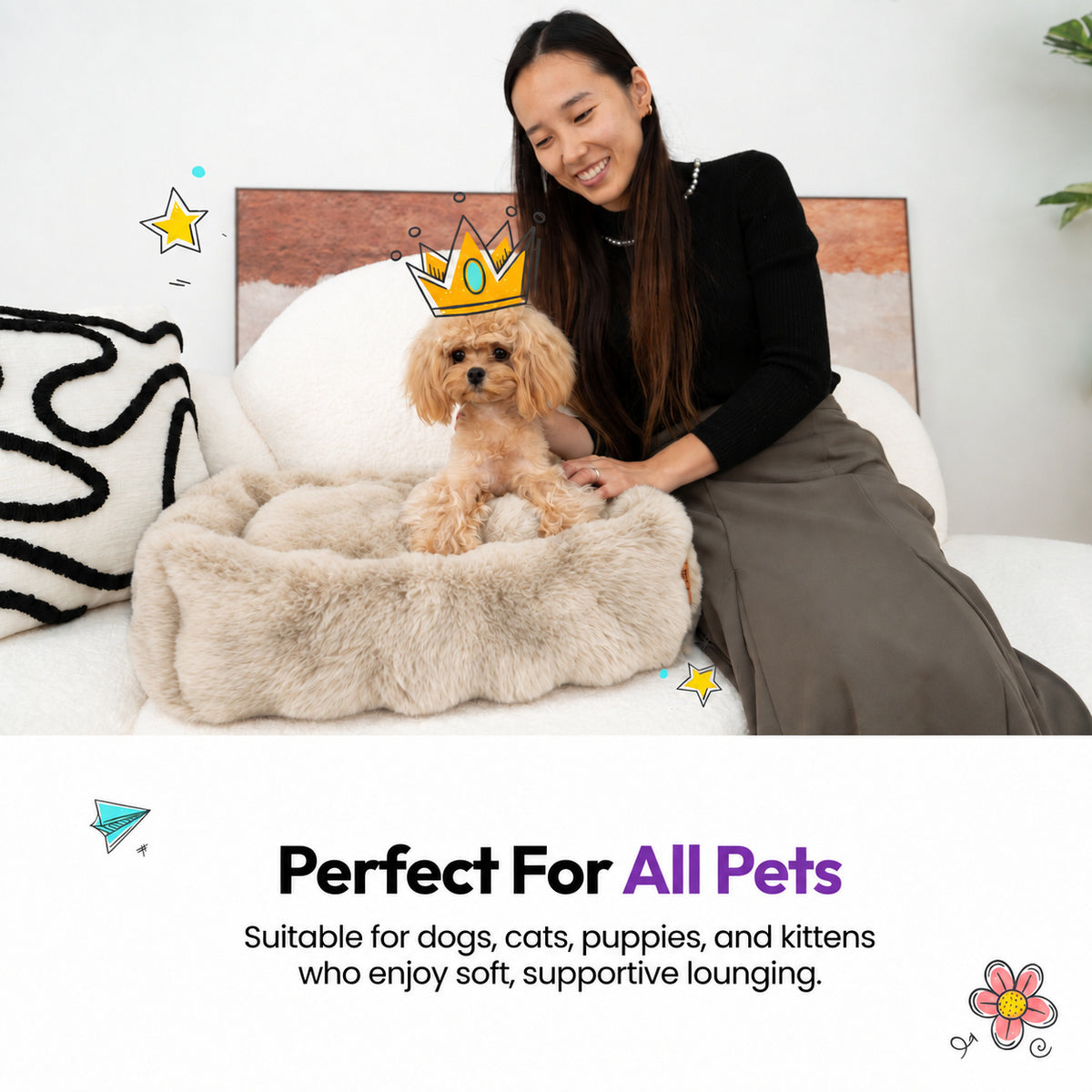 Cream | Furry Curves Rectangle Bed: Woman with a toy poodle in the Cream bed, headed Perfect For All Pets