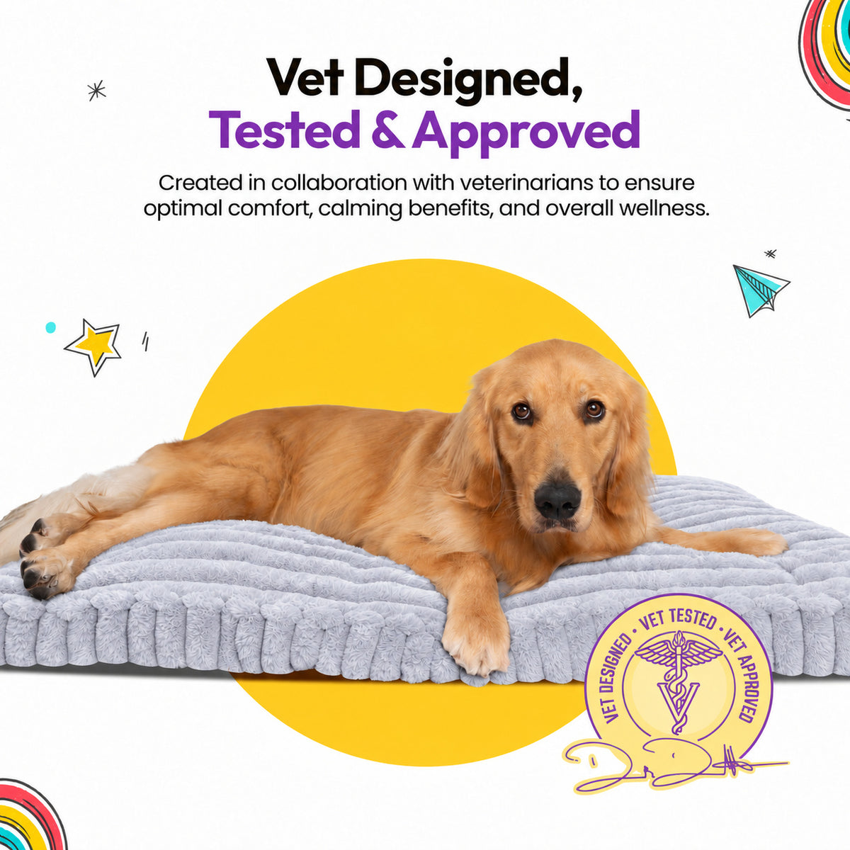Grey | Furry Corduroy Sleeping Mat: Golden retriever lying on the Grey mat beside a round seal, on a yellow graphic card