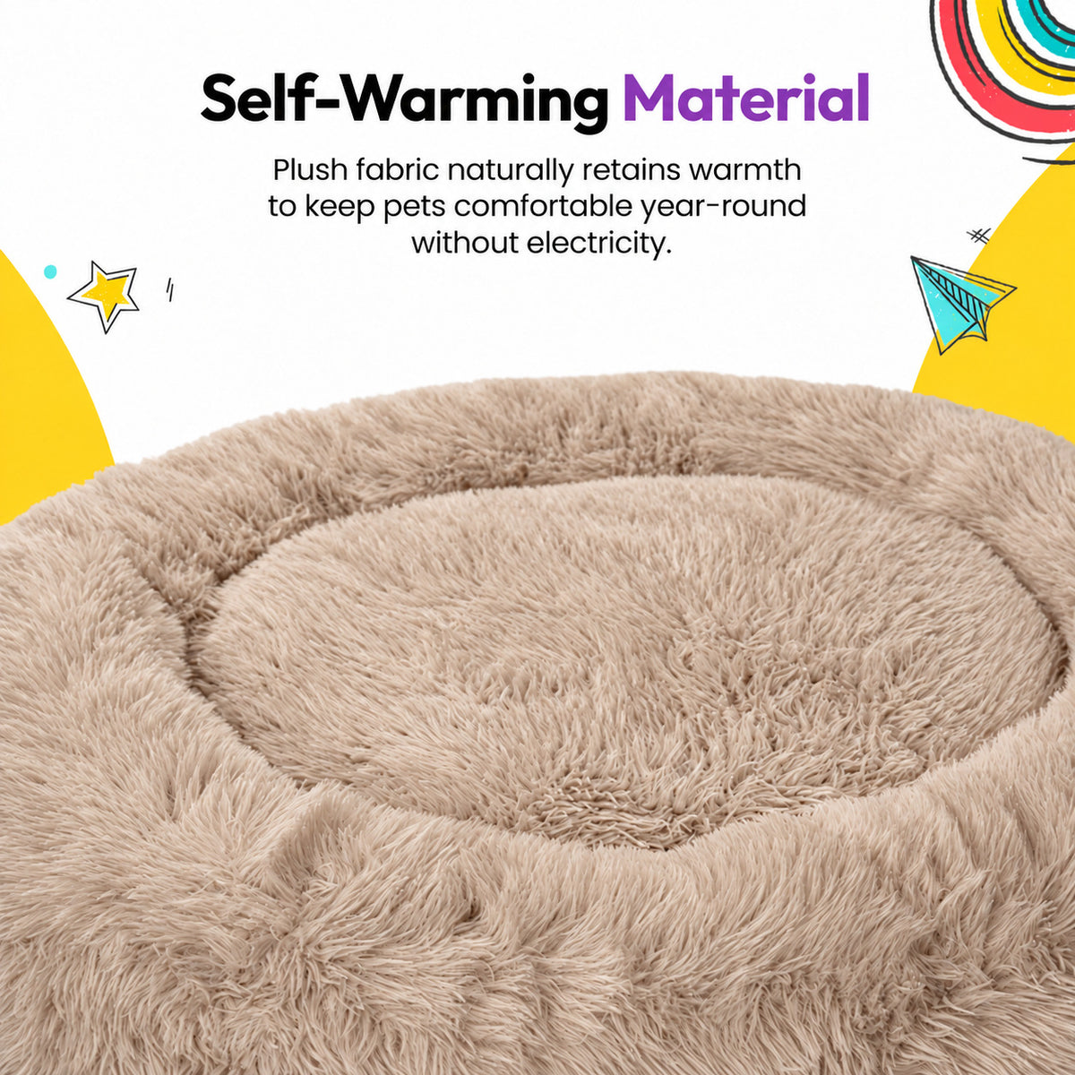 Brown | Fluffy Shag Calming Round Bed: Close-up of the Brown bed's pile, headed Self-Warming Material