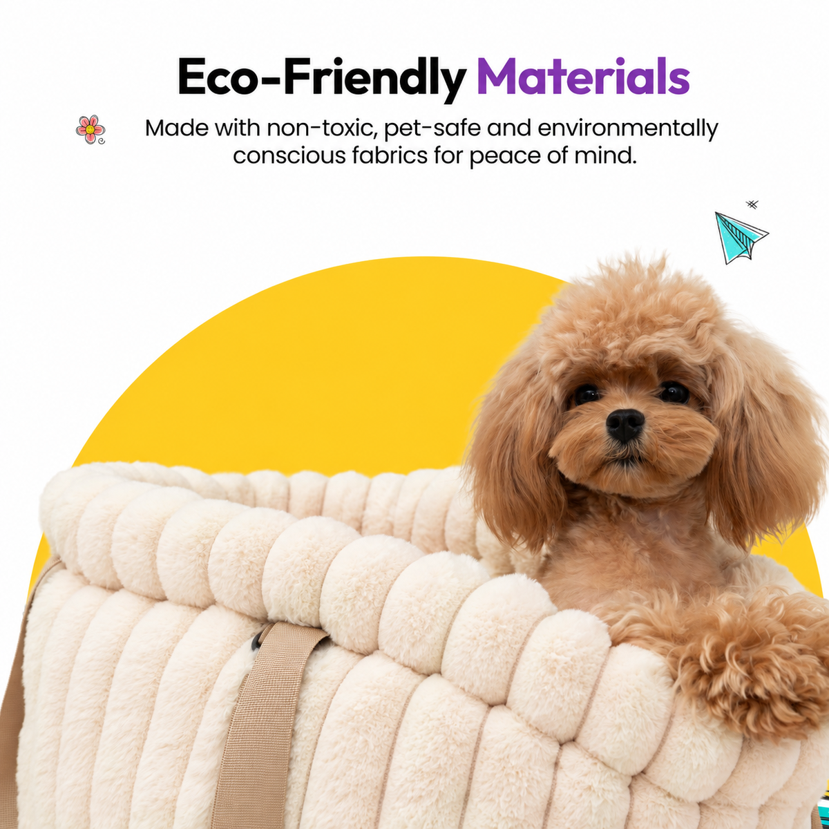 Pale pink | Corduroy Calming Dog Carrier: Close-up of a toy poodle in the Pale pink carrier on a yellow graphic card