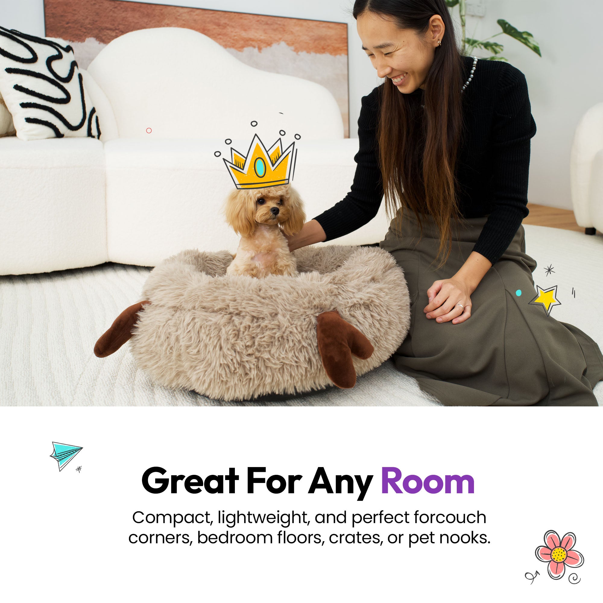 Lit rond apaisant en peluche à poils longs avec bois de cerf