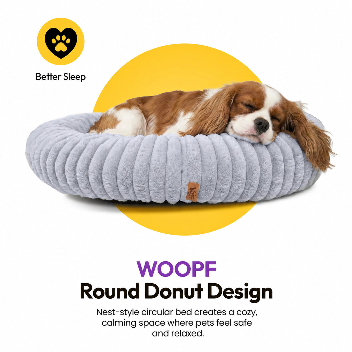 Grey | Furry Corduroy Round Bed: Cavalier asleep in the Grey bed, headed WOOPF Round Donut Design