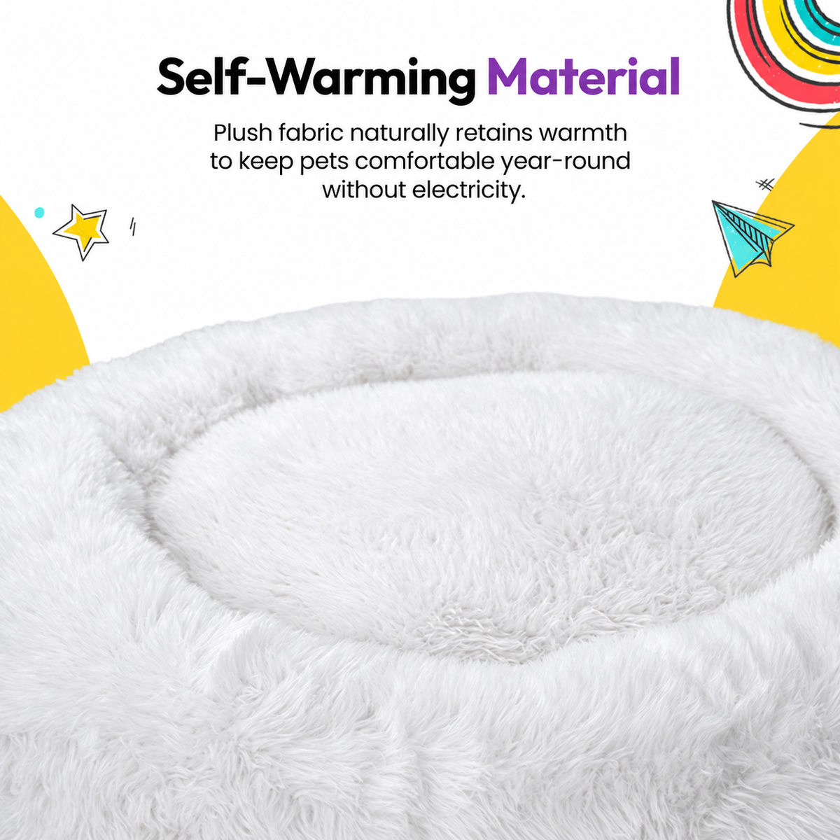White | Fluffy Shag Calming Round Bed: Close-up of the White bed's pile, headed Self-Warming Material
