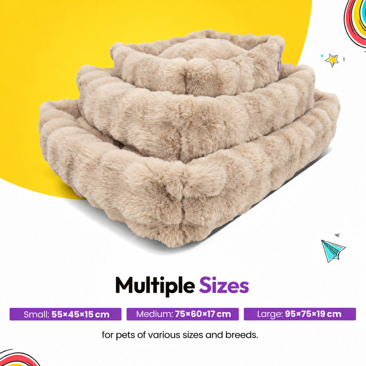 Cream | Furry Curves Rectangle Bed: The Cream bed in Small, Medium and Large stacked, headed Multiple Sizes