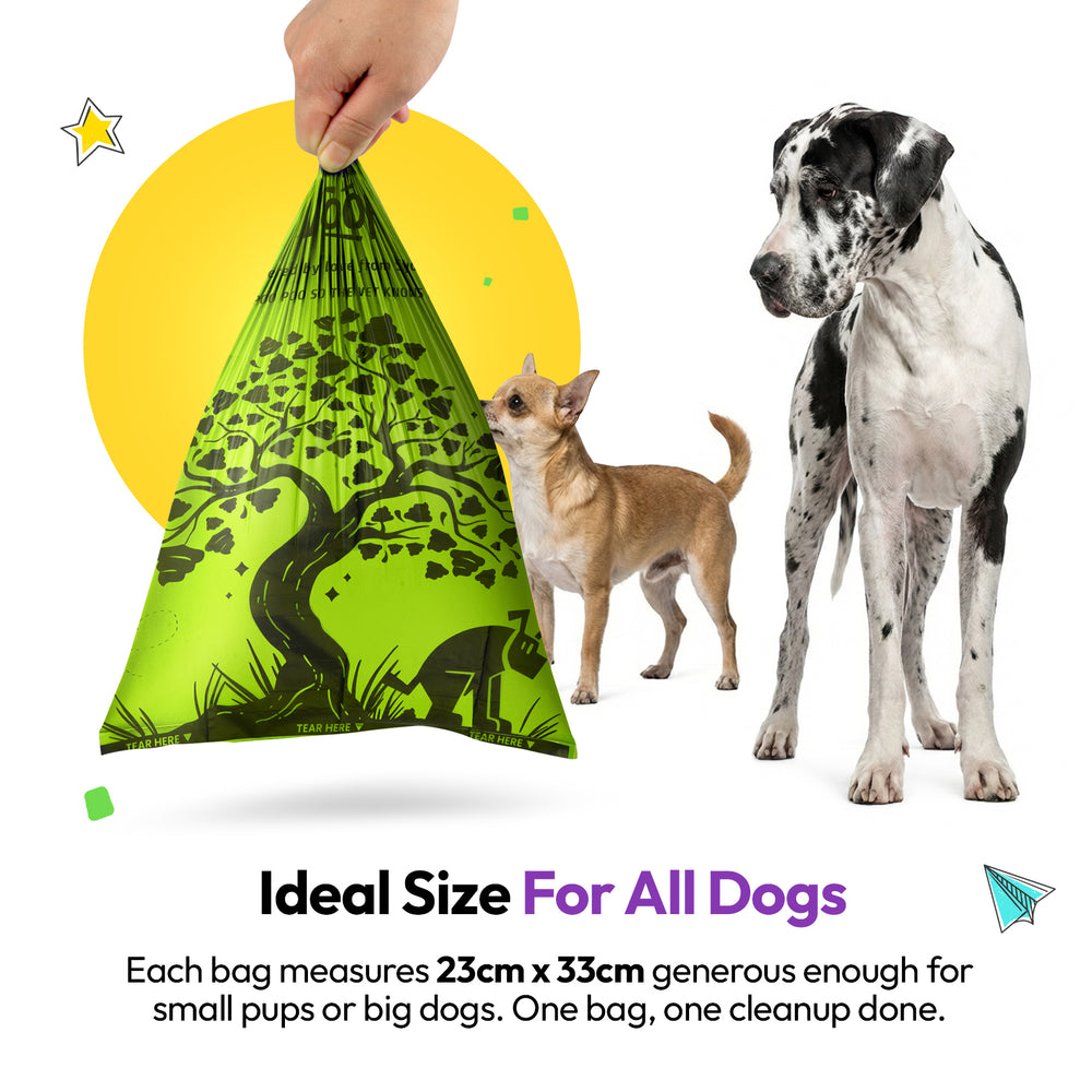Poop & Go 100% Compostable Bags: A hand holding a bag beside a chihuahua and a Great Dane, headed Ideal Size For All Dogs