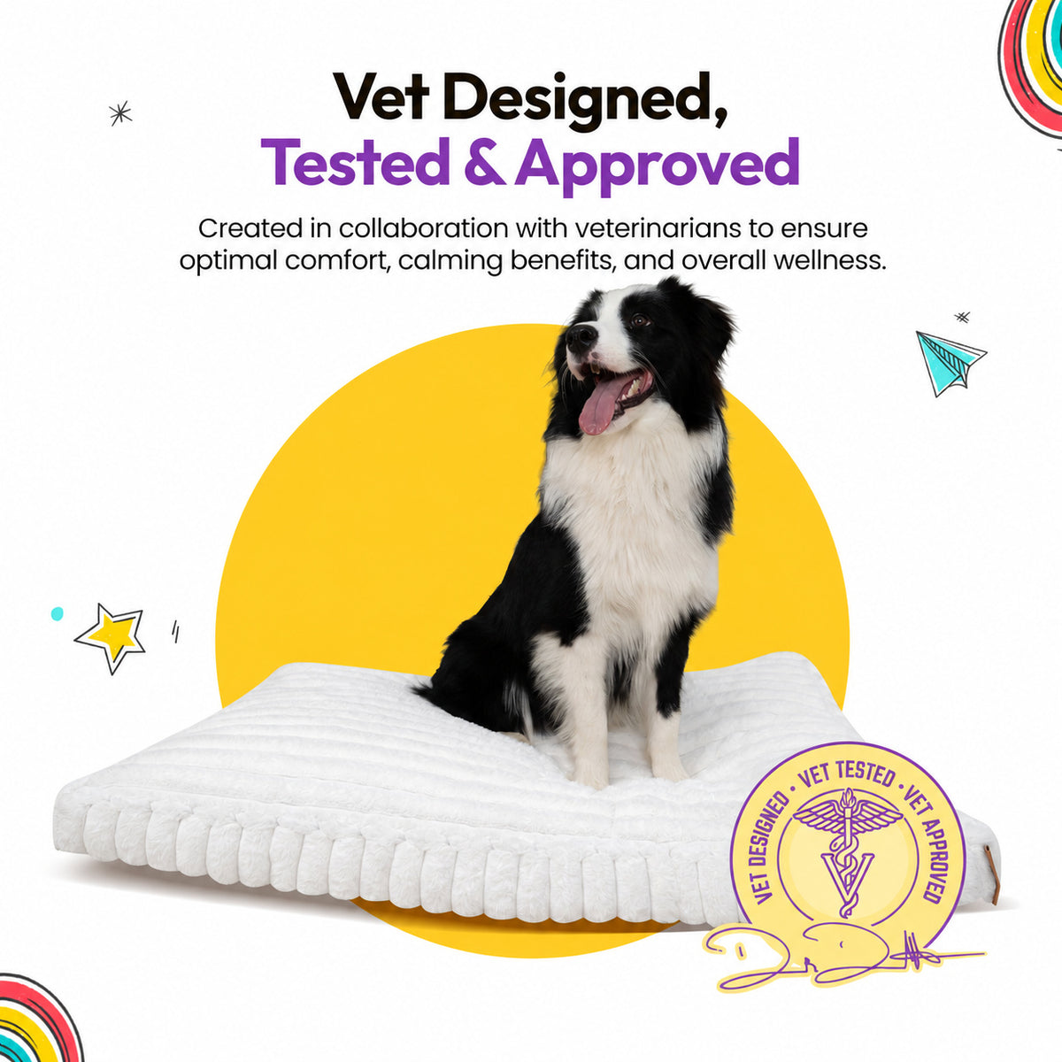 White | Furry Corduroy Sleeping Mat: Border collie sitting on the White mat beside a round seal, on a yellow graphic card