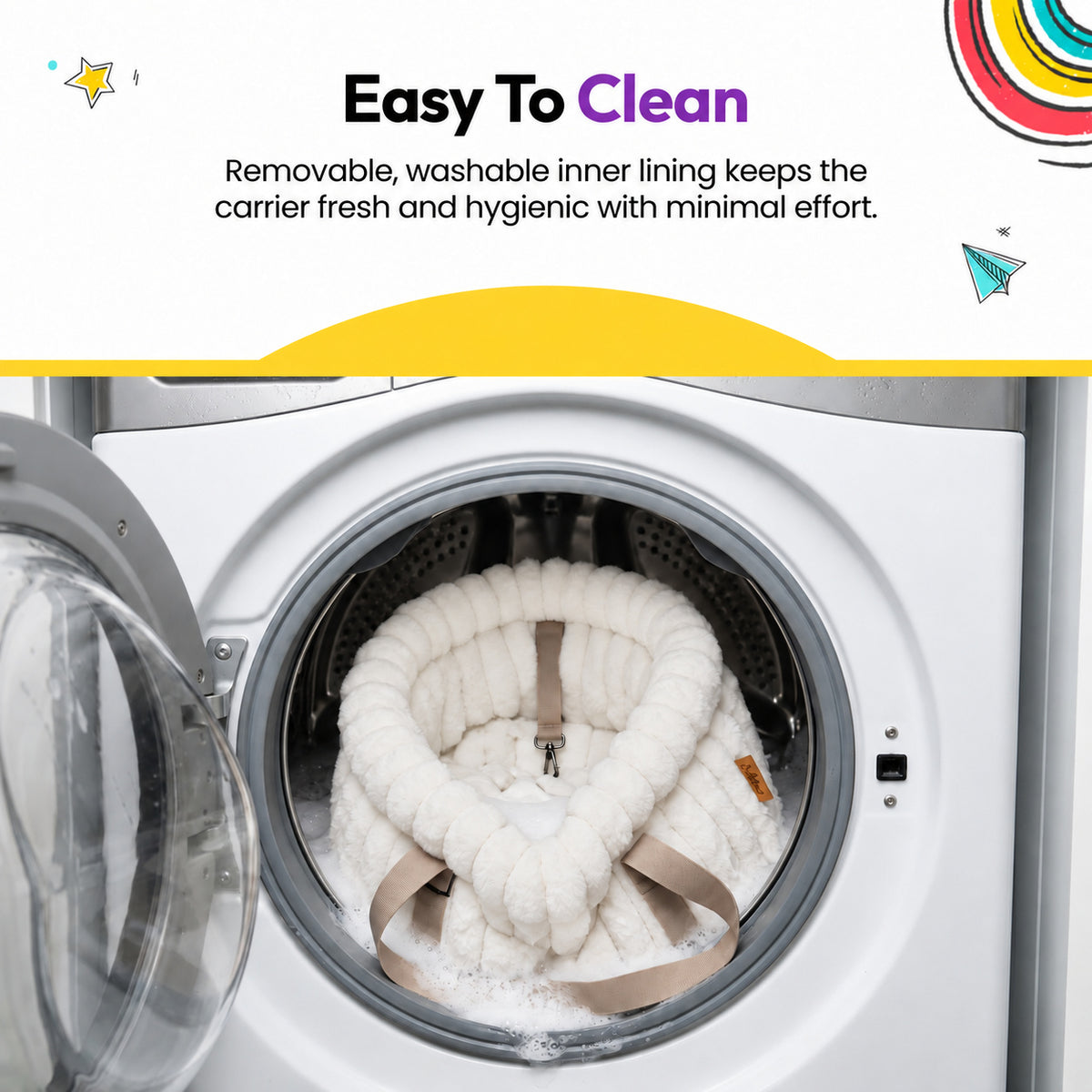 White | Corduroy Calming Dog Carrier: The White carrier in a washing machine on a graphic card