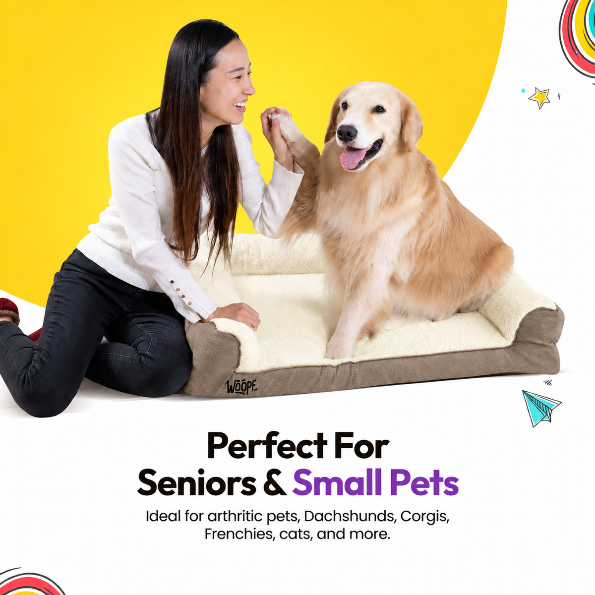 Cream | SNÖR Orthopedic Bed: Woman with a golden retriever on the Cream bed, headed Perfect For Seniors & Small Pets