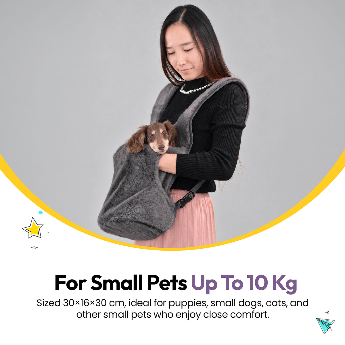 Grey | Furry Range Puppy Pouch: For small pets up to 10 kg: the Grey Puppy Pouch, 30 x 16 x 30 cm