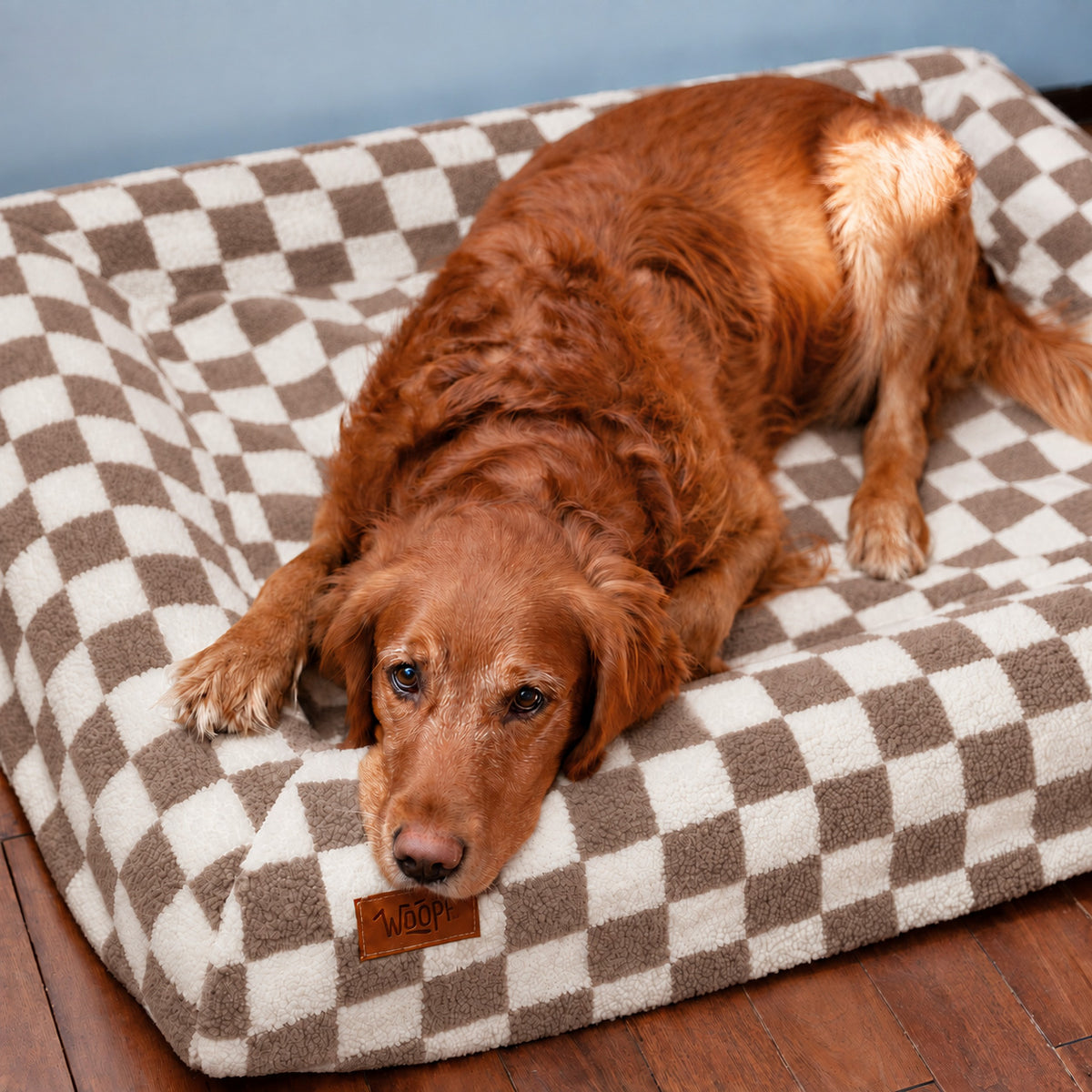 Brown | SNÜZ Bed Slip-On Cover Fleece: Golden retriever on the Brown cover, headed Perfect Fit For Woopf Orthopedic Range