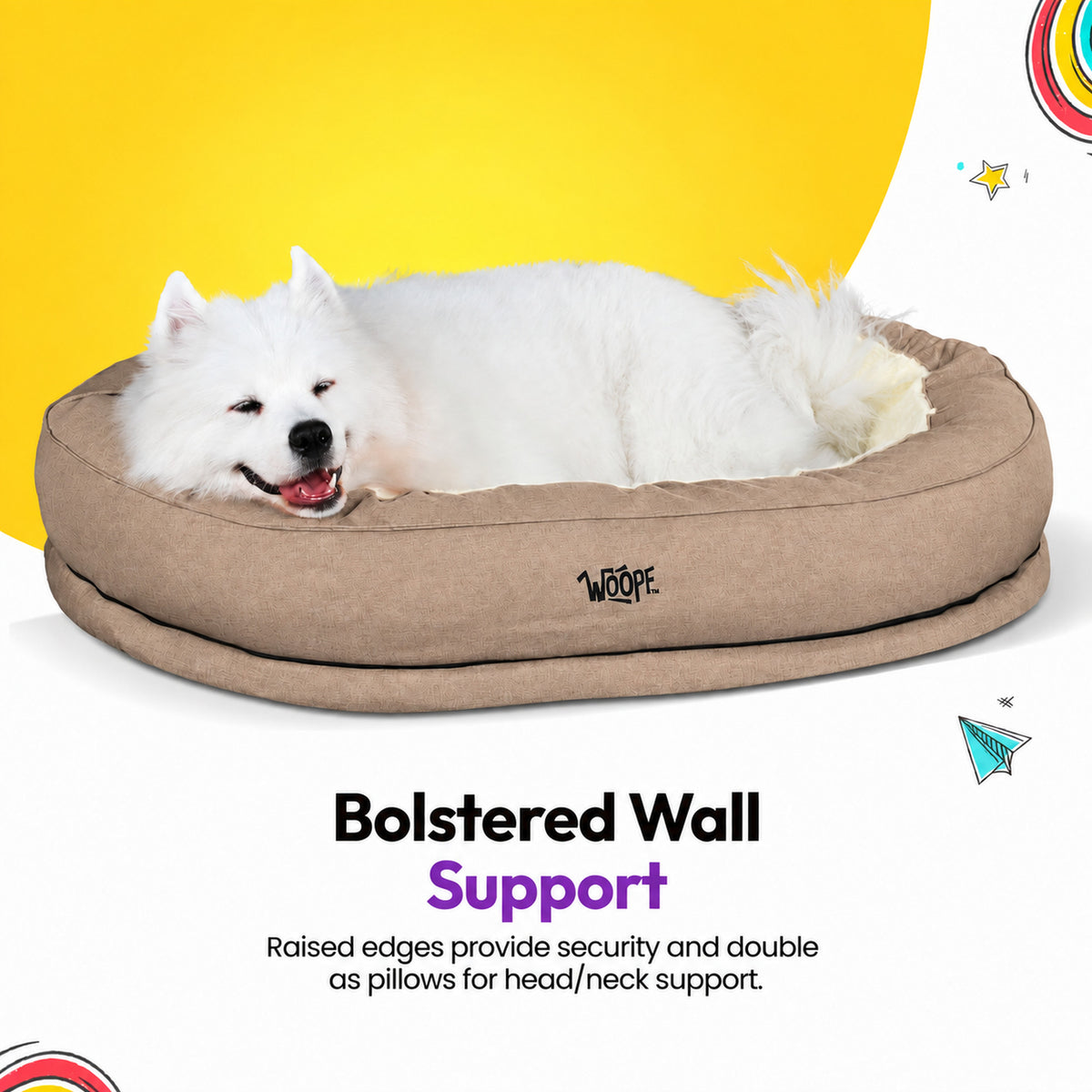 Cream | NÄP Orthopedic Bed: Samoyed curled up in the Cream bed, headed Bolstered Wall Support