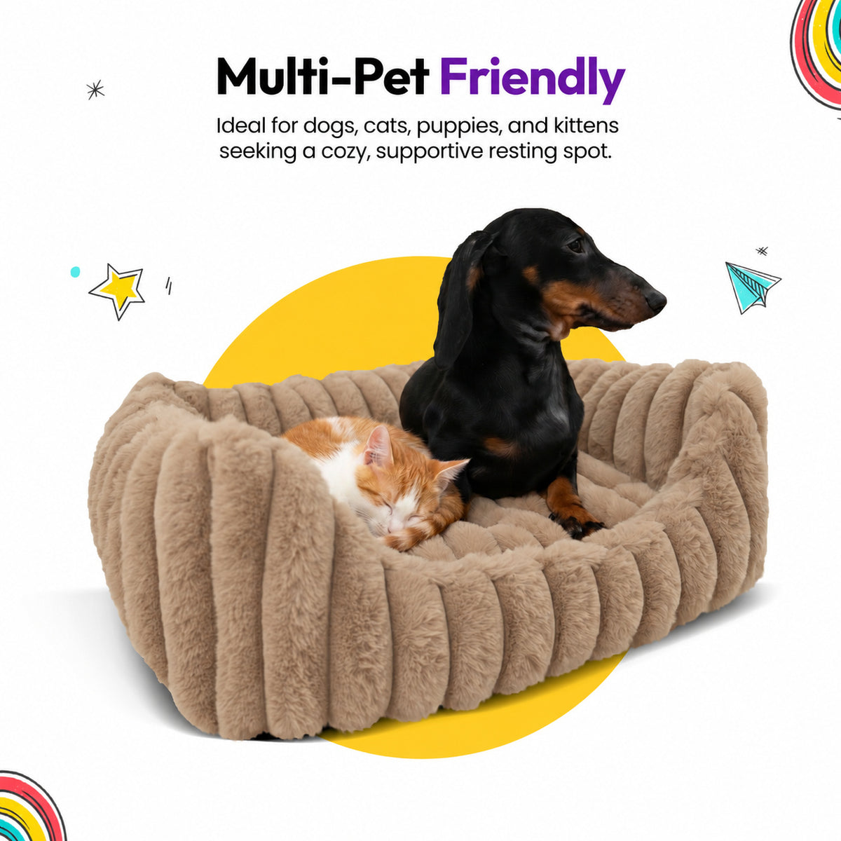 Brown | Furry Corduroy Open Front Rectangle Bed: Dachshund and a ginger cat lying together in the Brown bed, headed Multi-Pet Friendly