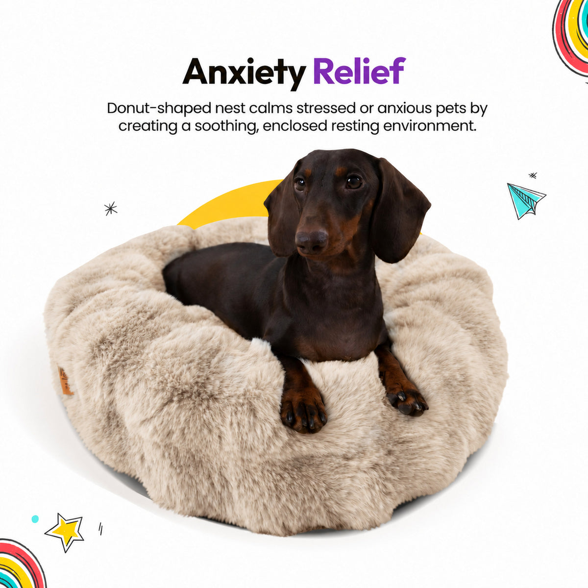 Cream | Furry Curves Round Bed: Anxiety relief: a dachshund resting in the Cream donut-shaped bed